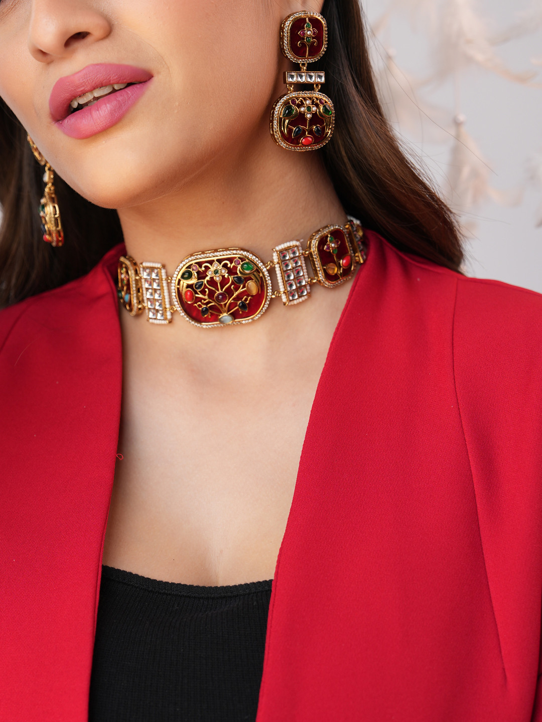 Binnis Wardrobe Tisha Gold-Plated Kundan-Studded Meenakari Choker Jewellery Set