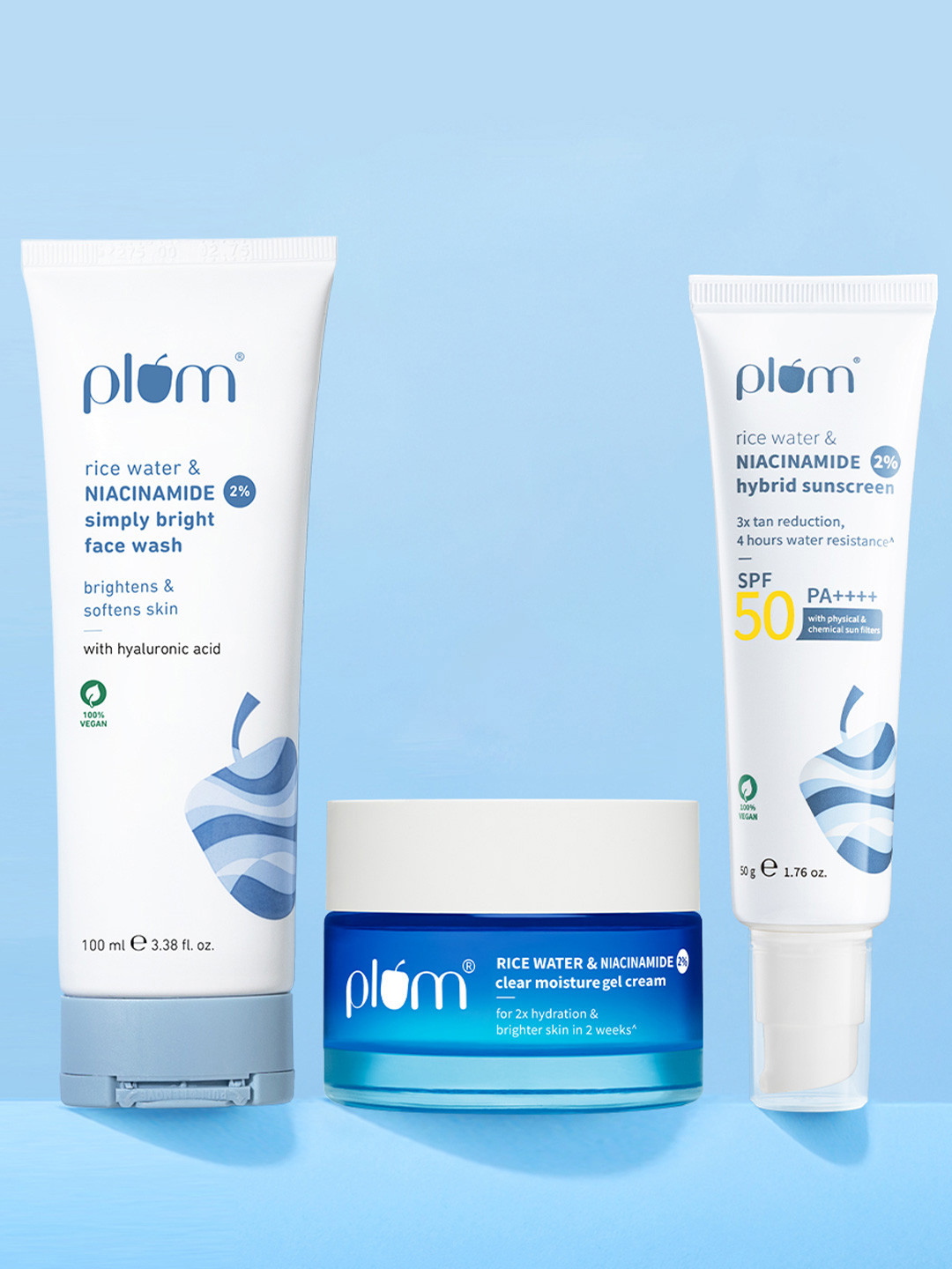 Plum Niacinamide Skin Care Trio - Sunscreen 50g + Clear Gel Cream 50g + Face Wash 100ml