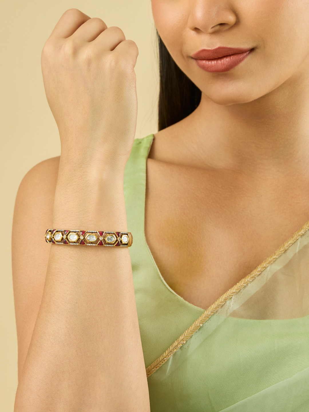 Kushal's Fashion Jewellery Embellished Bridal Victorian-Plated Ethnic Kundan Ruby Kada