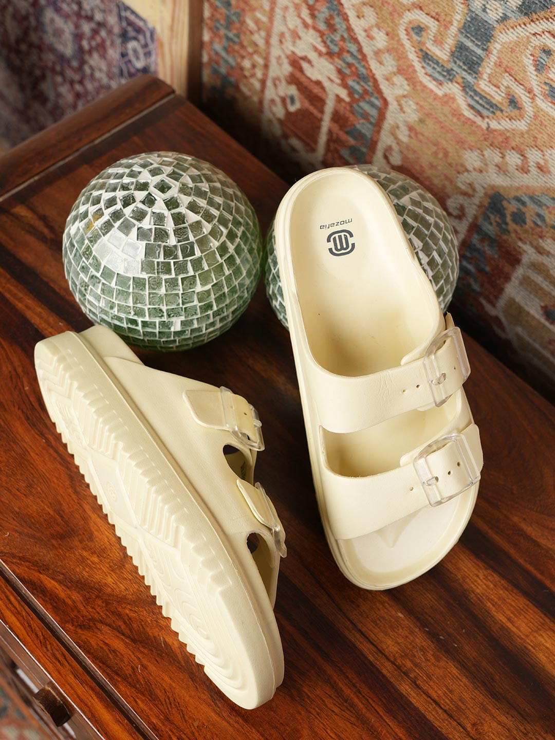 MOZAFIA Women Rubber Sliders With Buckles