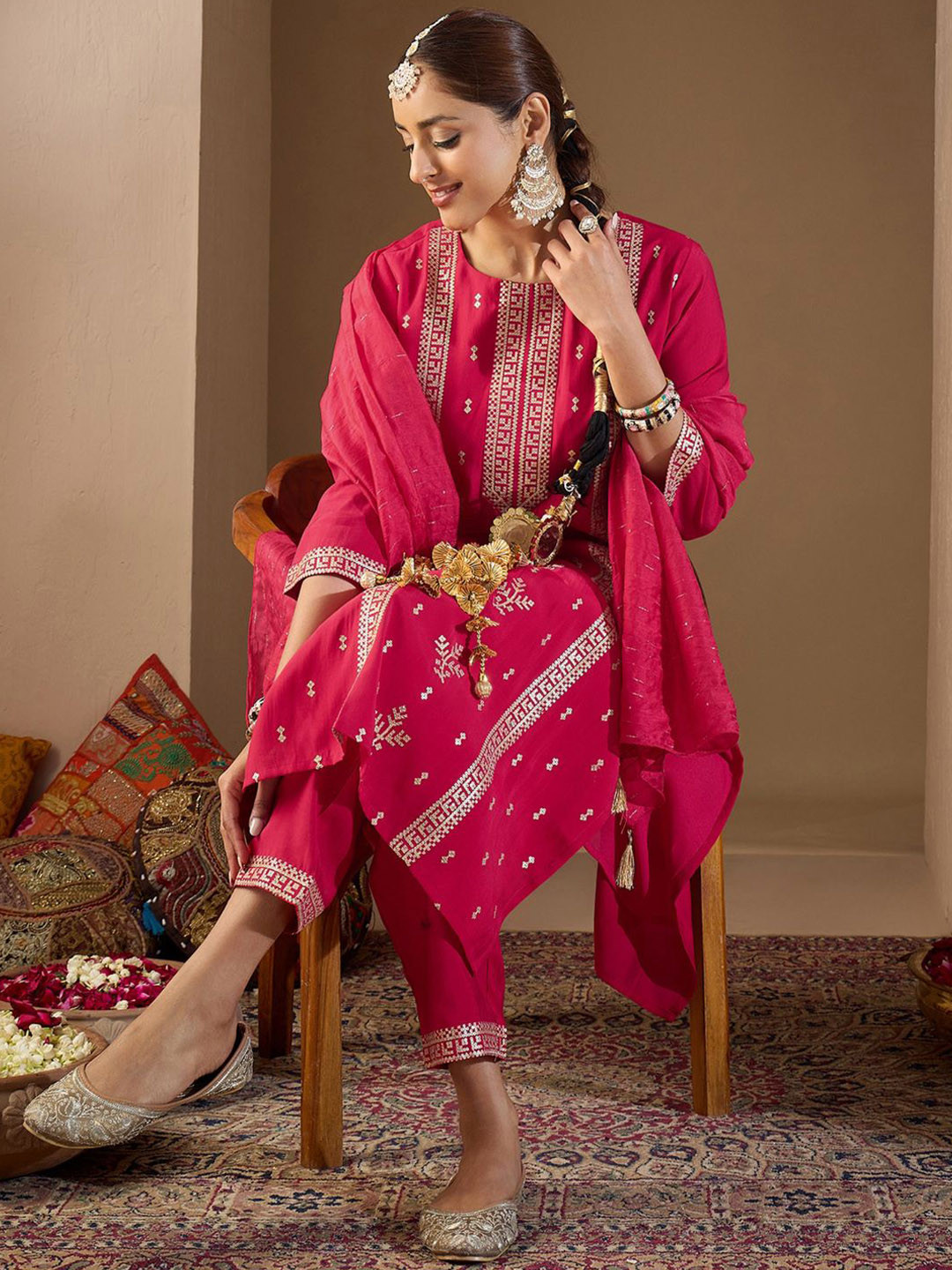 Indo Era Women Ethnic Motifs Embroidered Regular Sequinned Kurta with Trousers & With Dupatta