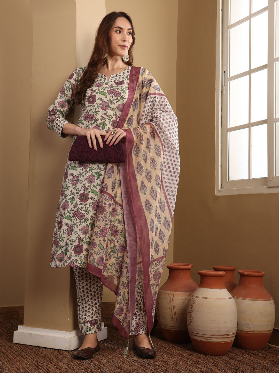 Lative Colours of Fashion Women Yoke Design Regular Beads and Stones Pure Cotton Kurta Set
