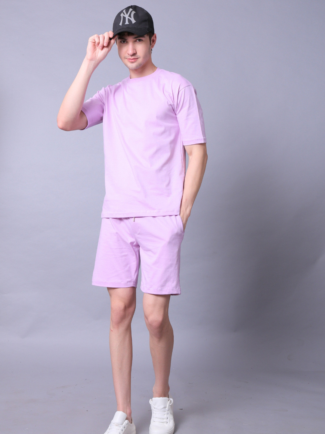Lazy Lush Round Neck Half Sleeves Lilac T-Shirt With Shorts