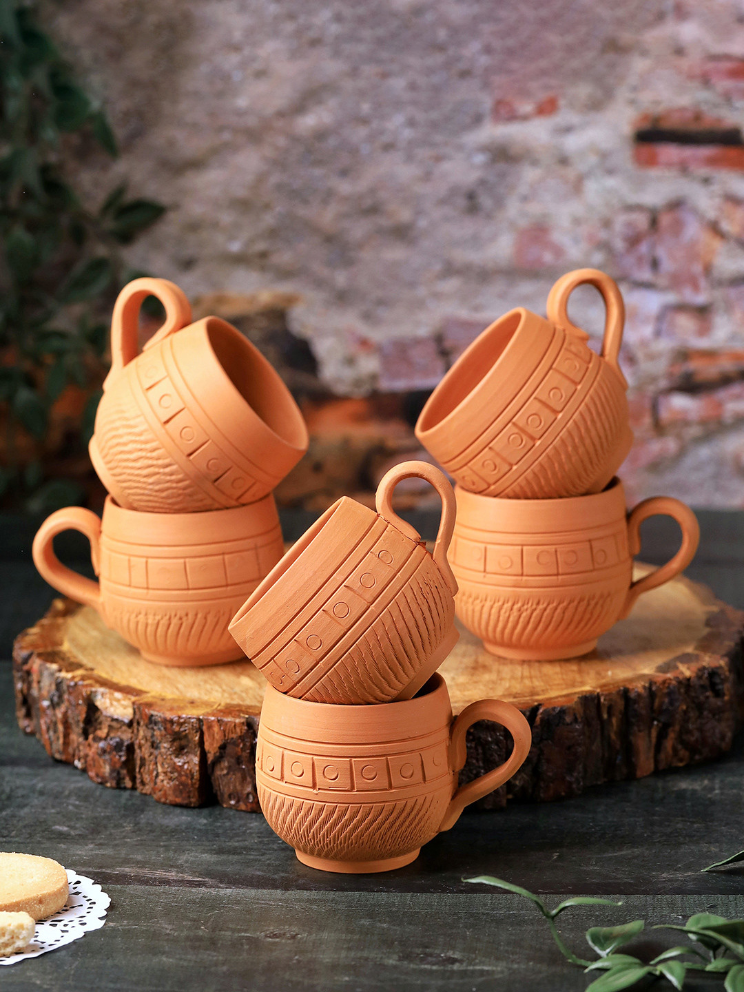 The handicraftian Knosh-4 Earthen Orange Textured Terracotta Microwave Safe 6 Piece Cups-160ml
