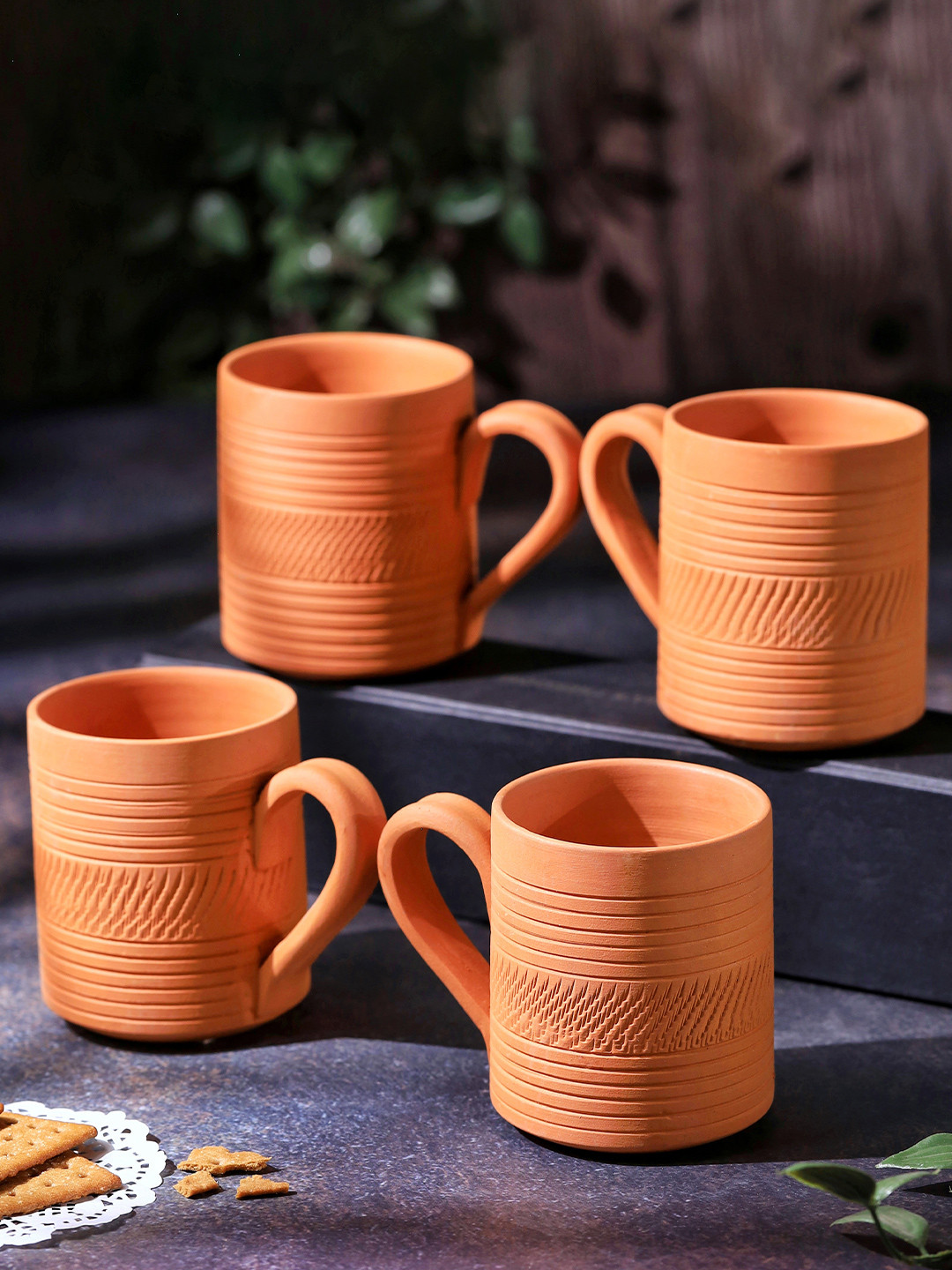 The handicraftian Love Brew Orange Striped Terracotta Handmade 4 Piece Mugs-240ml