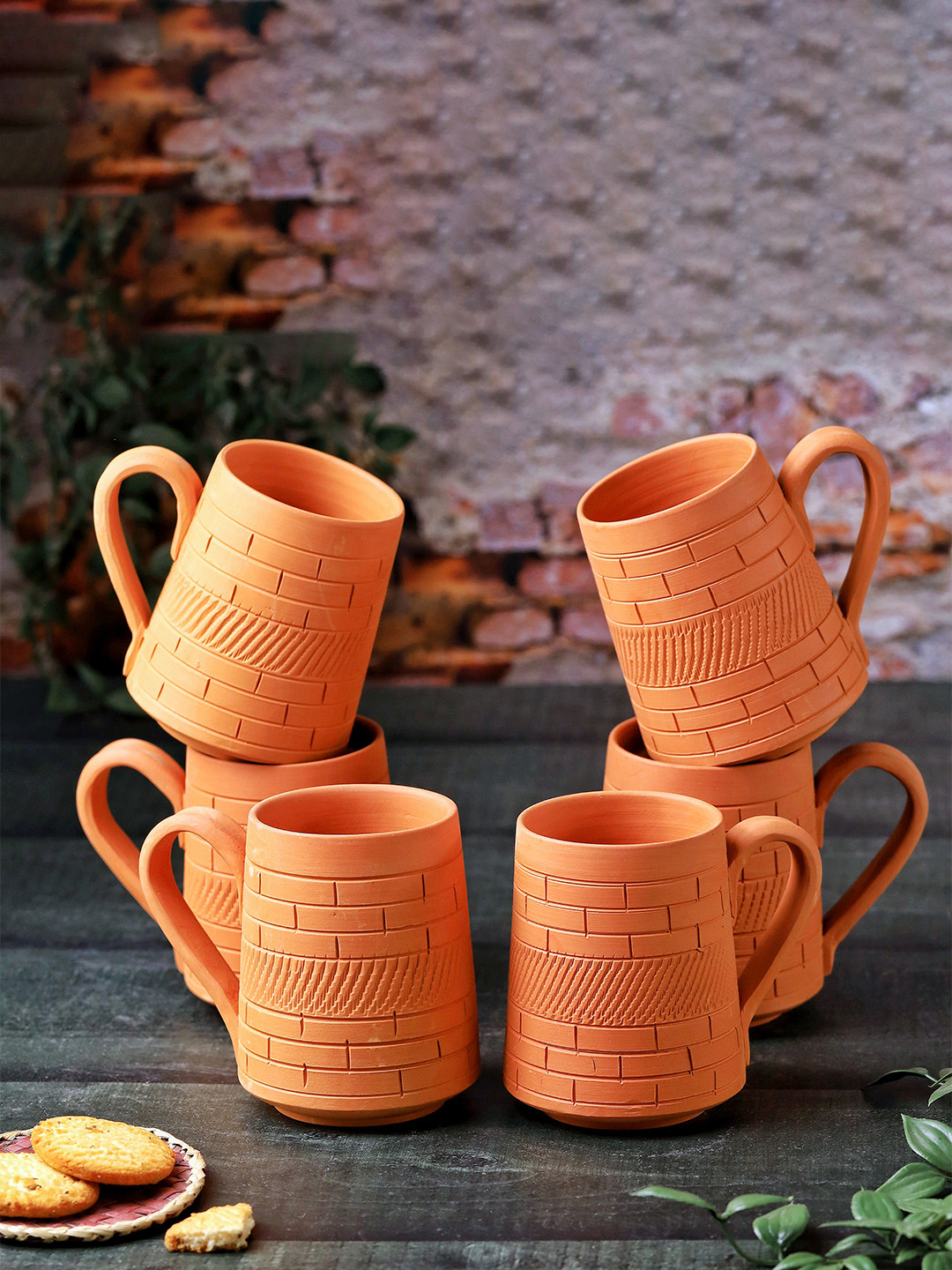 The handicraftian Souvenir Gift Premier India Surya Sun Orange Checkered Terracotta Microwave Safe 6 Piece Mugs-350ml