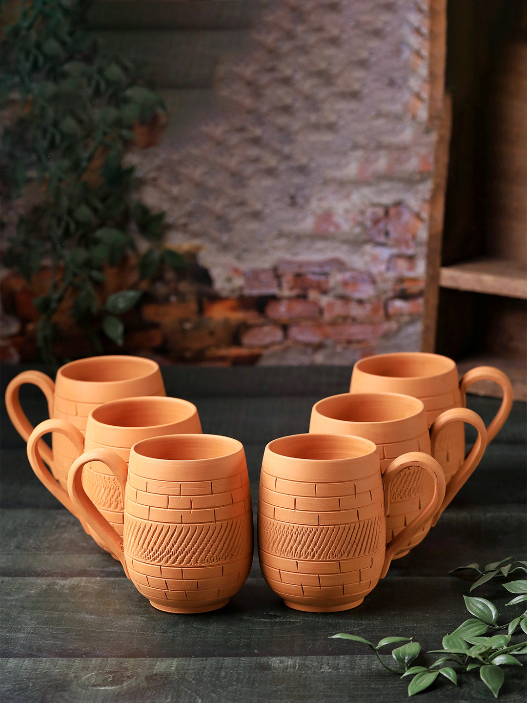 The handicraftian Rangriti Orange Textured Terracotta Handmade 6 Piece Mugs-350ml