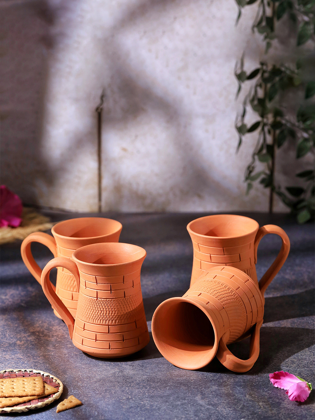 The handicraftian Artisan Glaze Orange Geometric Terracotta Handmade 4 Piece Mugs-350ml