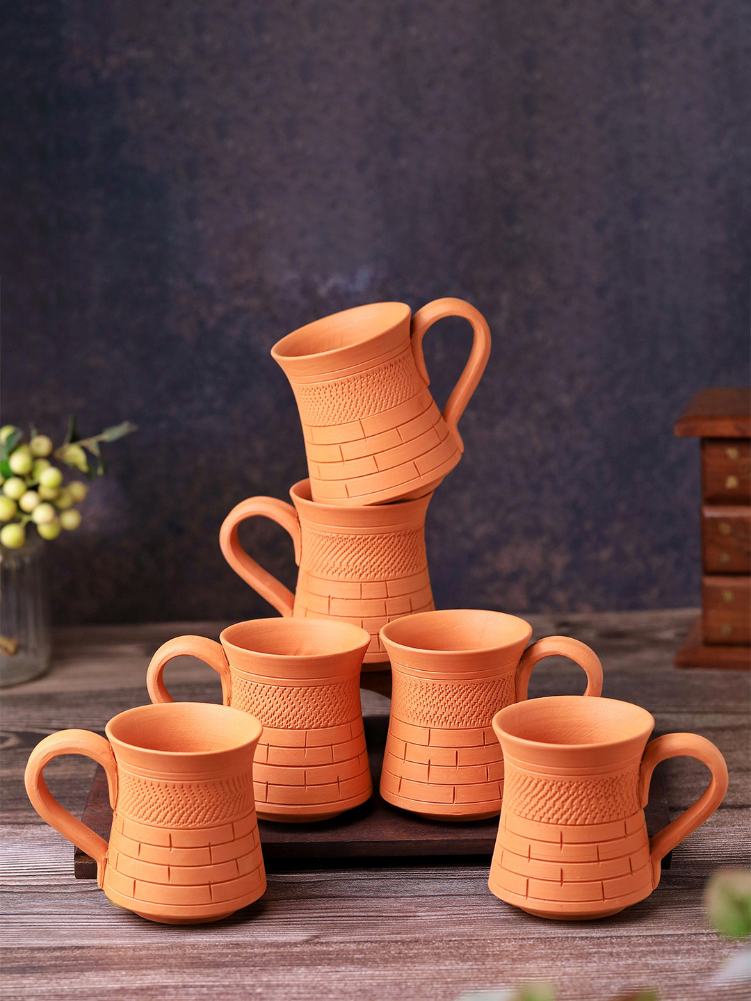 The handicraftian Sanjeev Kapoor Think Food Graphic Quote Orange Textured Terracotta Microwave Safe 6 Piece Mugs-240ml