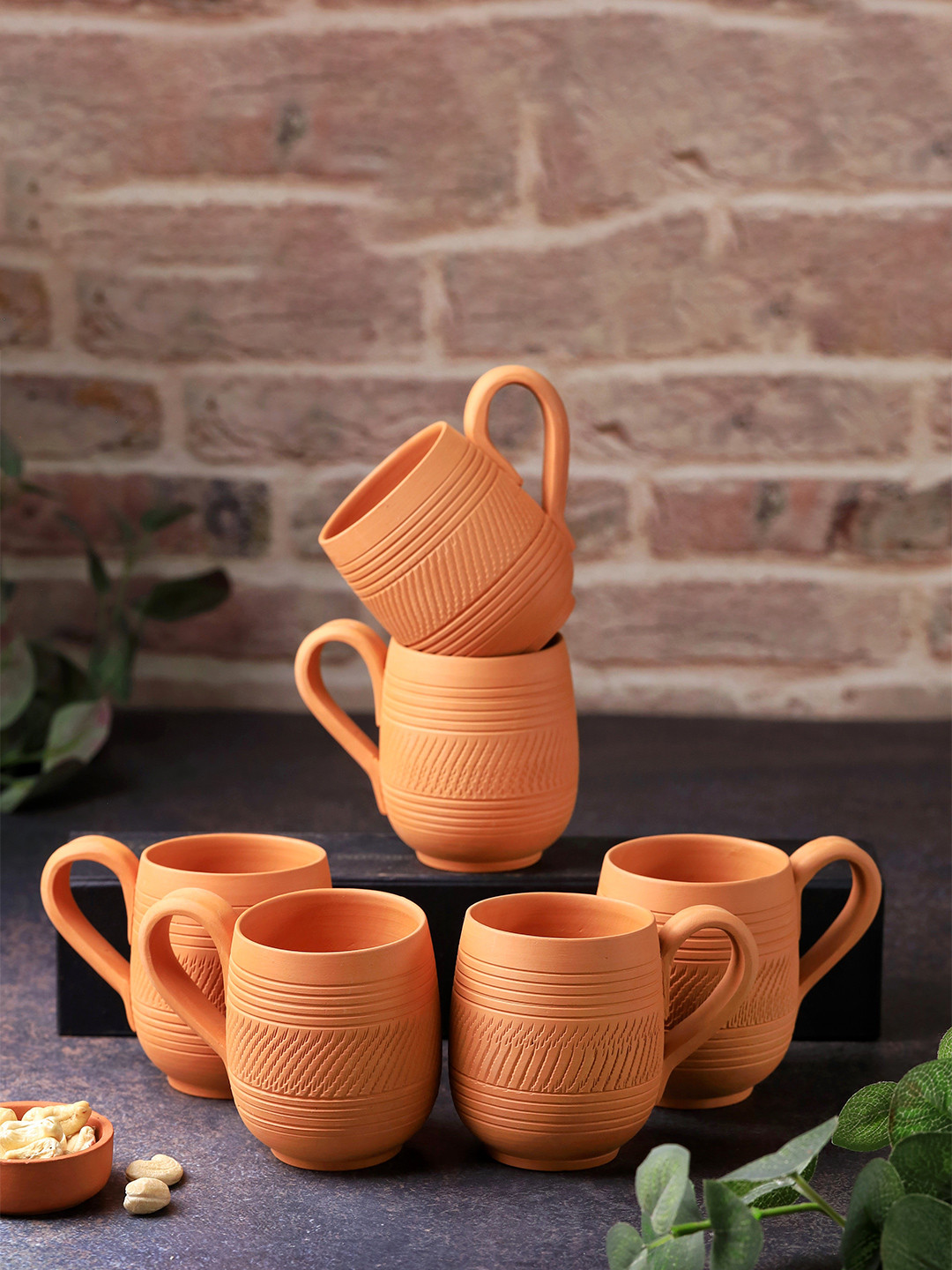 The handicraftian Orange Striped Terracotta Microwave Safe 6 Piece Mugs-240ml