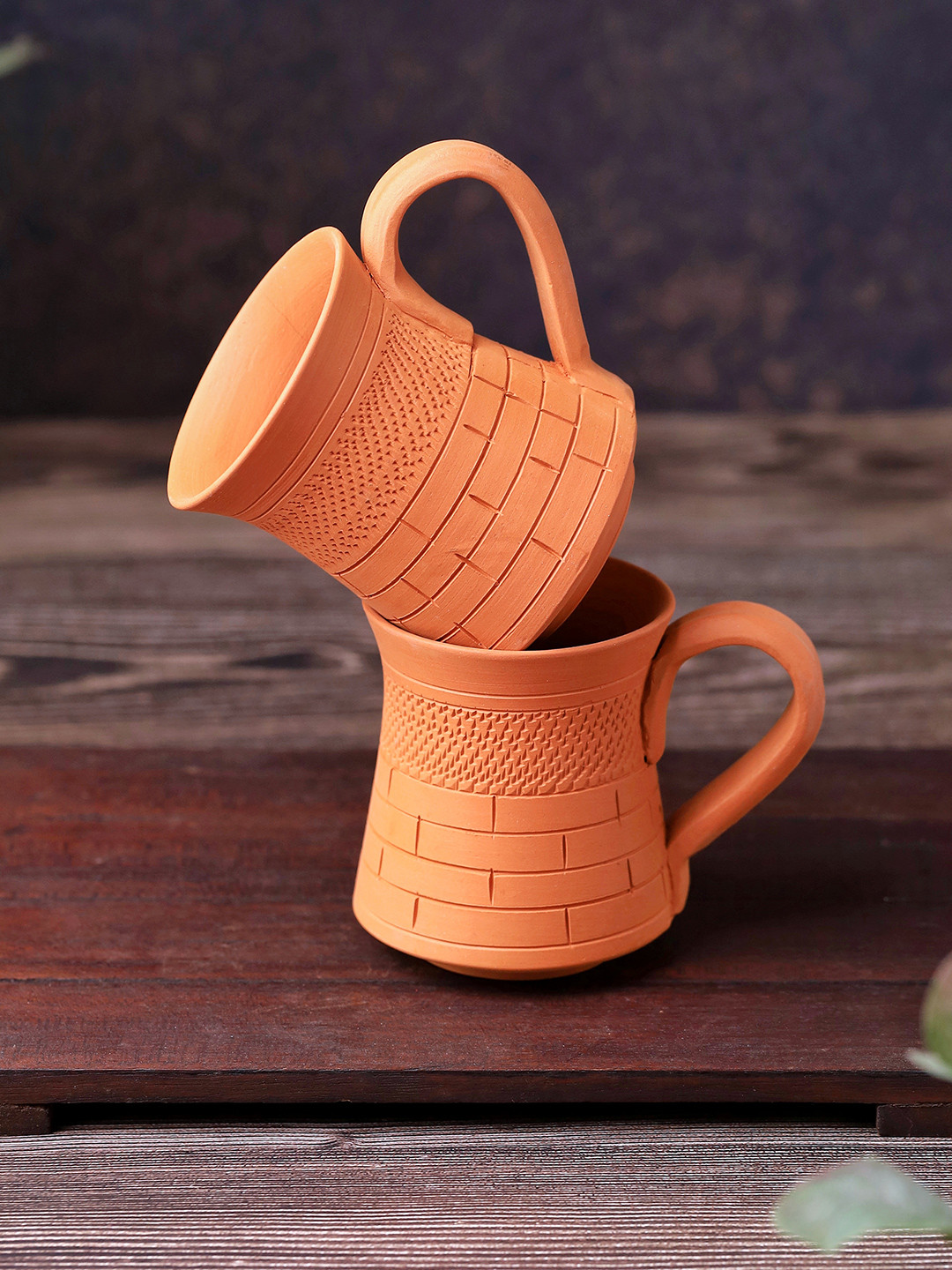The handicraftian Orange Checkered Terracotta Microwave Safe 2 Piece Mugs-240ml