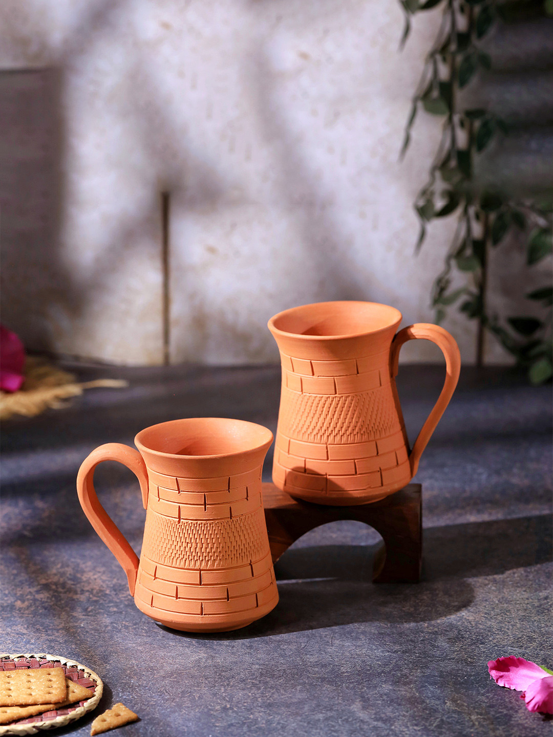 The handicraftian Prism Orange Textured Terracotta Microwave Safe 2 Piece Mugs-350ml