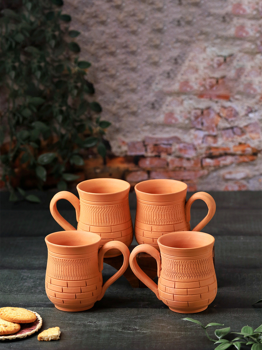 The handicraftian The Royal Crown Orange Geometric Terracotta Handmade 4 Piece Mugs-240ml