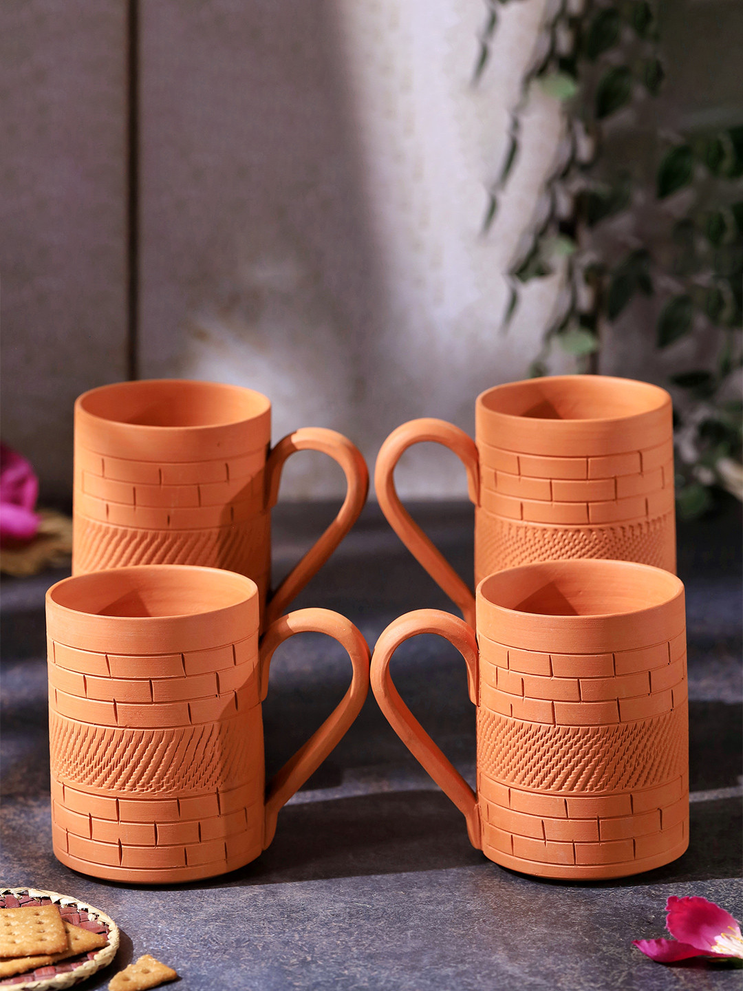 The handicraftian Truck Art Orange Textured Terracotta Microwave Safe 4 Piece Mugs-350ml