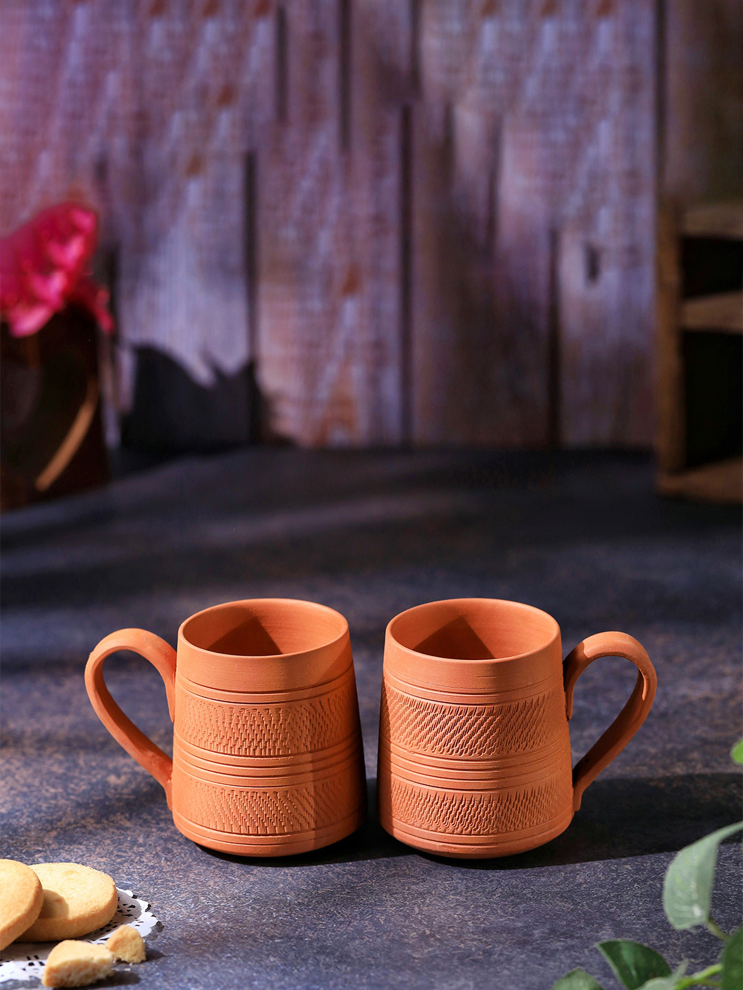 The handicraftian Funky Orange Textured Terracotta Handmade 2 Piece Mugs-240ml