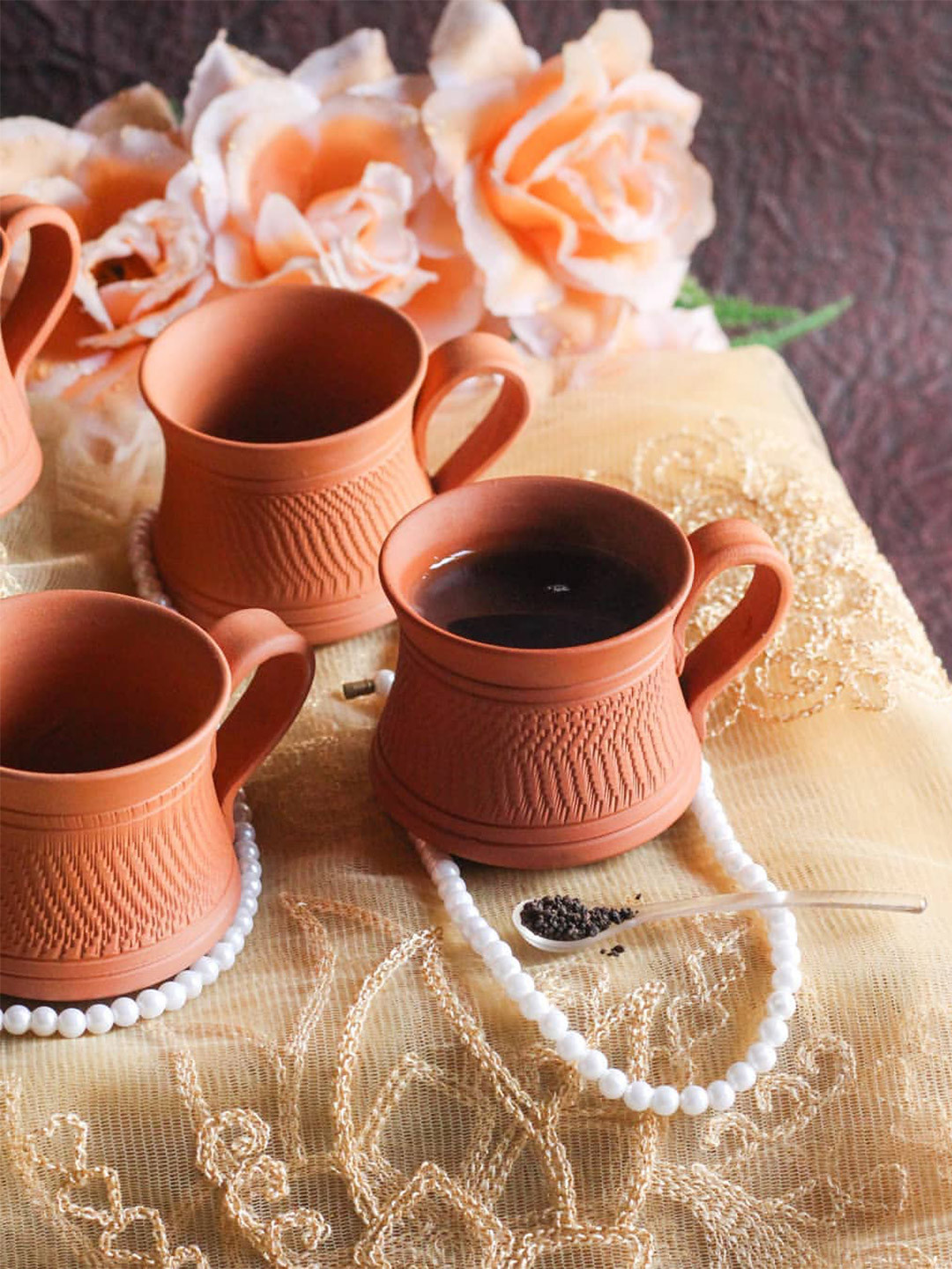 The handicraftian Premium Orange Textured Terracotta Microwave Safe 6 Piece Cups-160ml