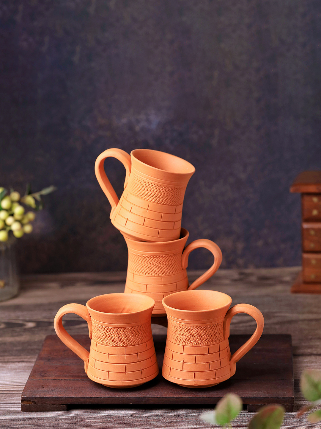 The handicraftian Floral Capsule Orange Geometric Terracotta Handmade 4 Piece Mugs-240ml