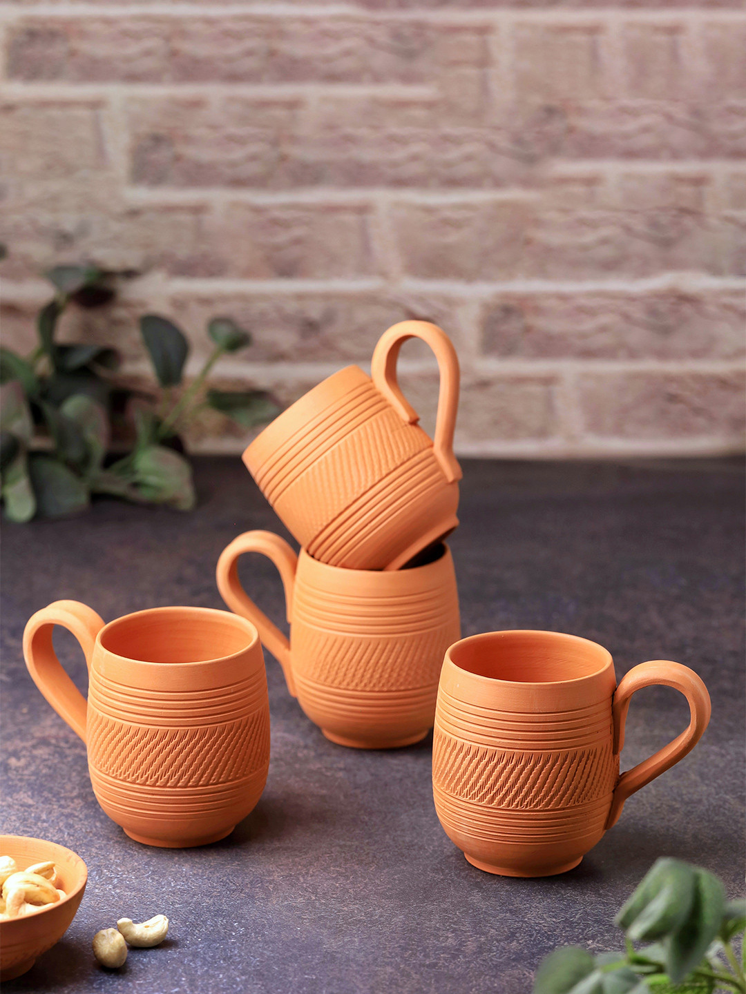 The handicraftian Marry Me Orange Textured Terracotta Microwave Safe 4 Piece Mugs-240ml