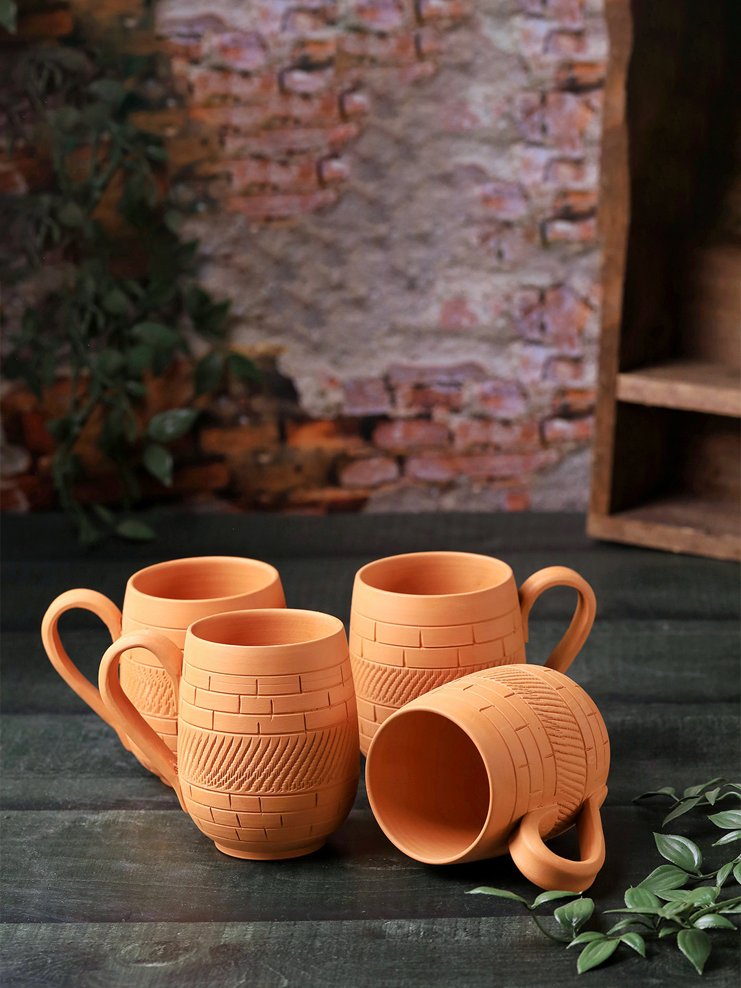 The handicraftian Studio Pottery Orange Textured Terracotta Microwave Safe 4 Piece Mugs-350ml