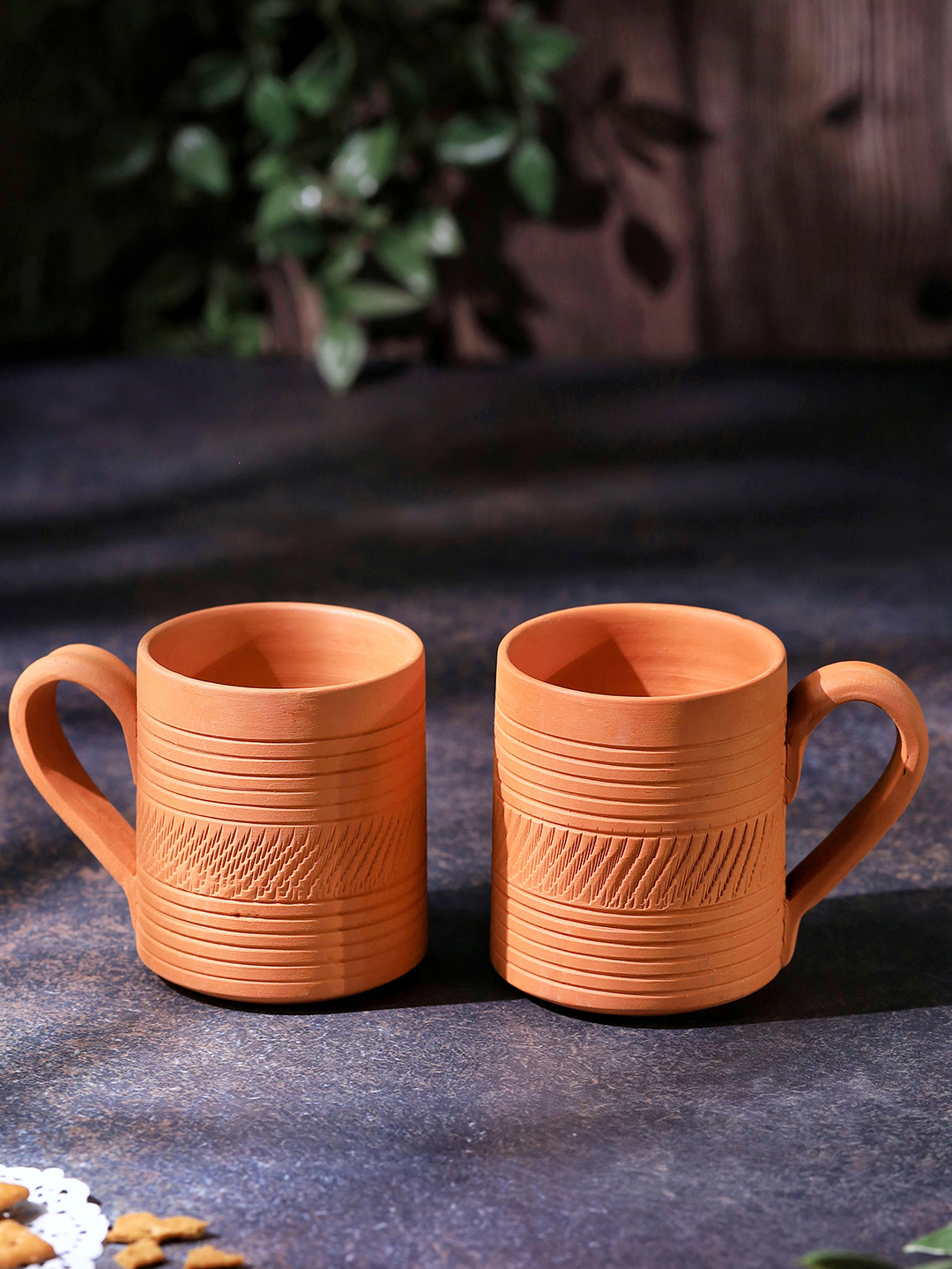The handicraftian Kalamkari Finesse Classic Orange Textured Terracotta Microwave Safe 2 Piece Mugs-240ml