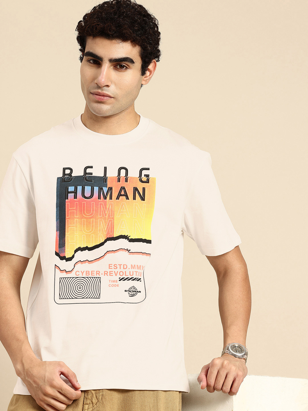 Being Human Brand Logo Printed Drop-Shoulder Sleeves Pure Cotton Easy Fit T-shirt