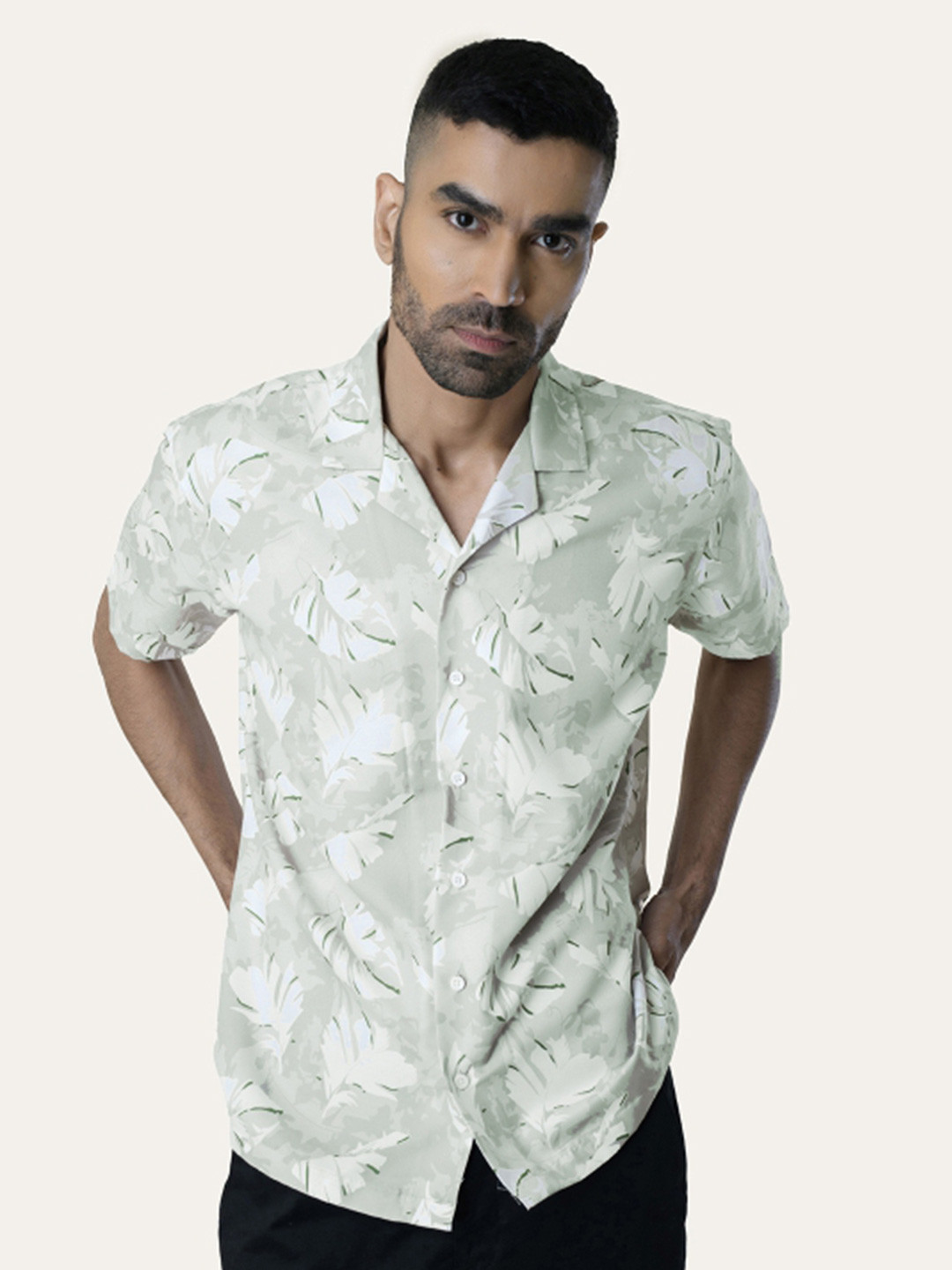 PERCH Men Relaxed Cuban Collar Tropical Light Green Printed Rayon Casual Shirt