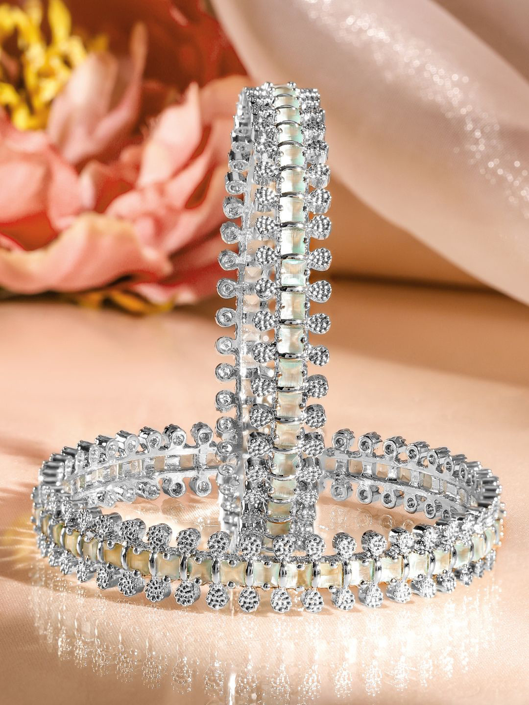 Rubans Set of 2 Rhodium-Plated White & Mint Green Cubic Zirconia Handcrafted Luxe Bangles