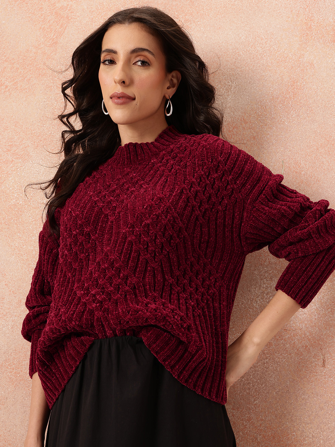 all about you Cable Knit Velvet Finish Pullover