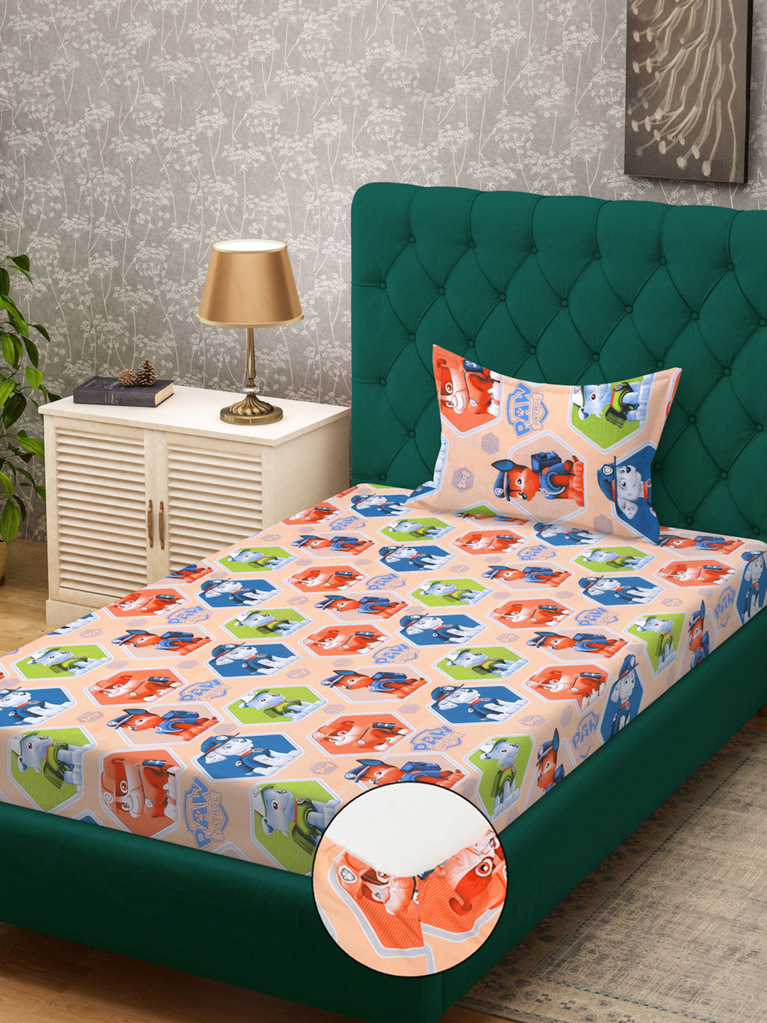 KLOTTHE Orange Cartoon Characters Pure Cotton 400 TC Fitted Single Superfine Bedsheet with a Pillow Cover-89 x 59 inches