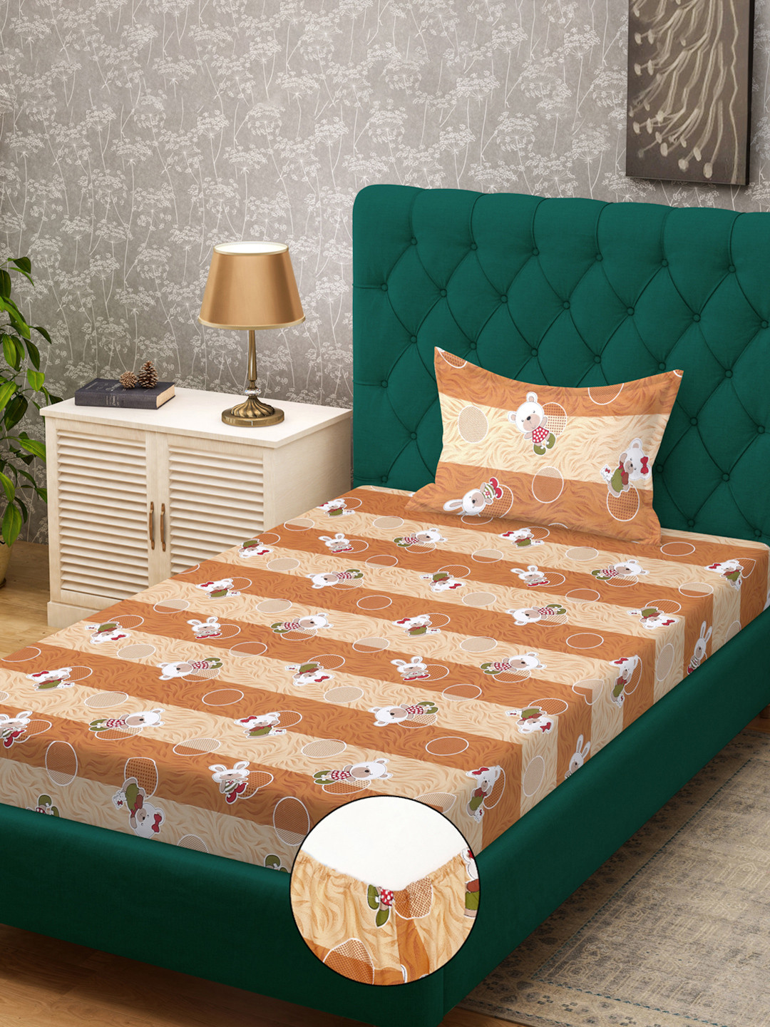 KLOTTHE Mustard Conversational Cotton 400 TC Fitted Single Superfine Bedsheet with a Pillow Cover-89 x 59 inches