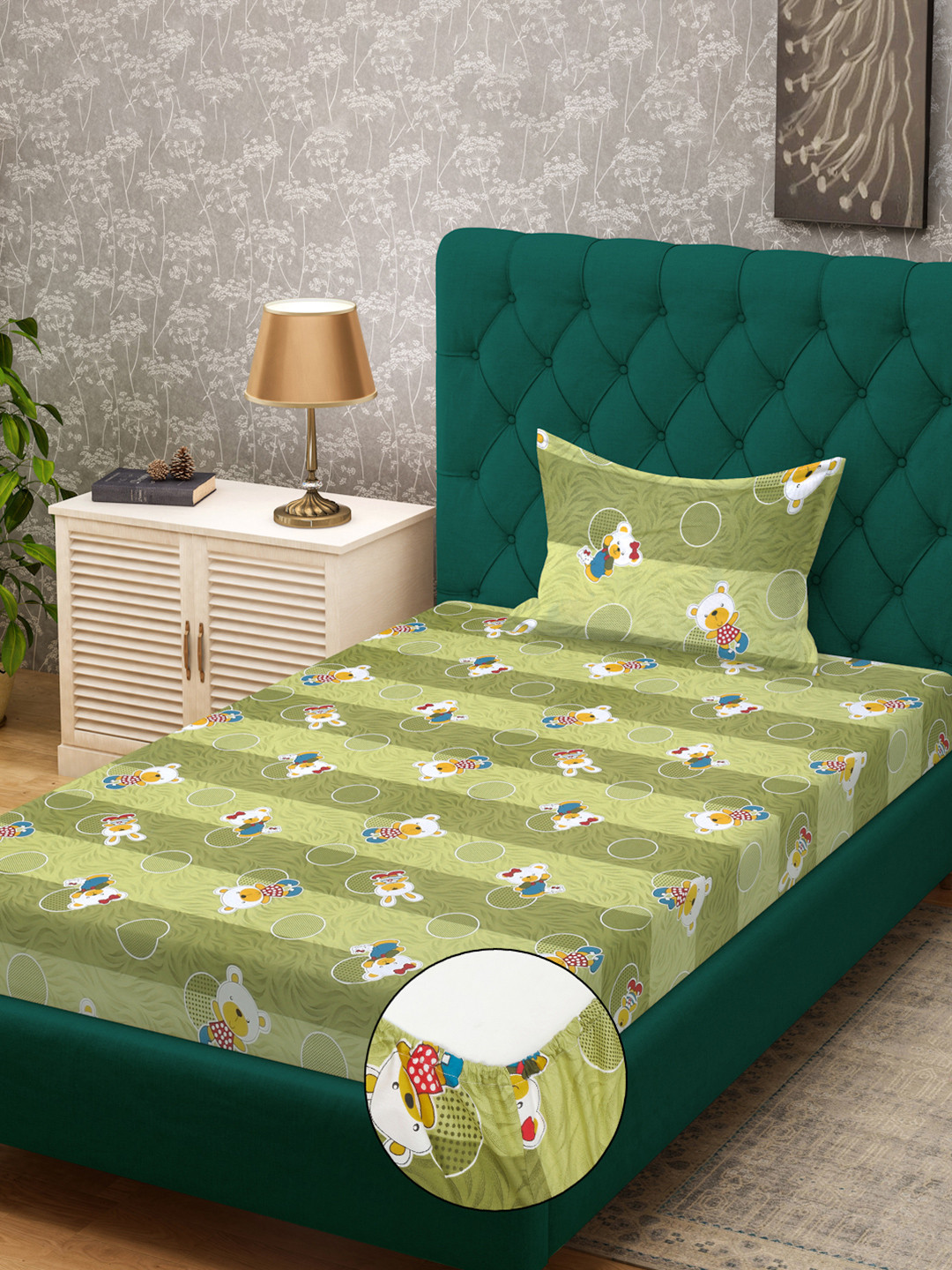 KLOTTHE Green Conversational Pure Cotton 400 TC Fitted Single Superfine Bedsheet with a Pillow Cover-89 x 59 inches