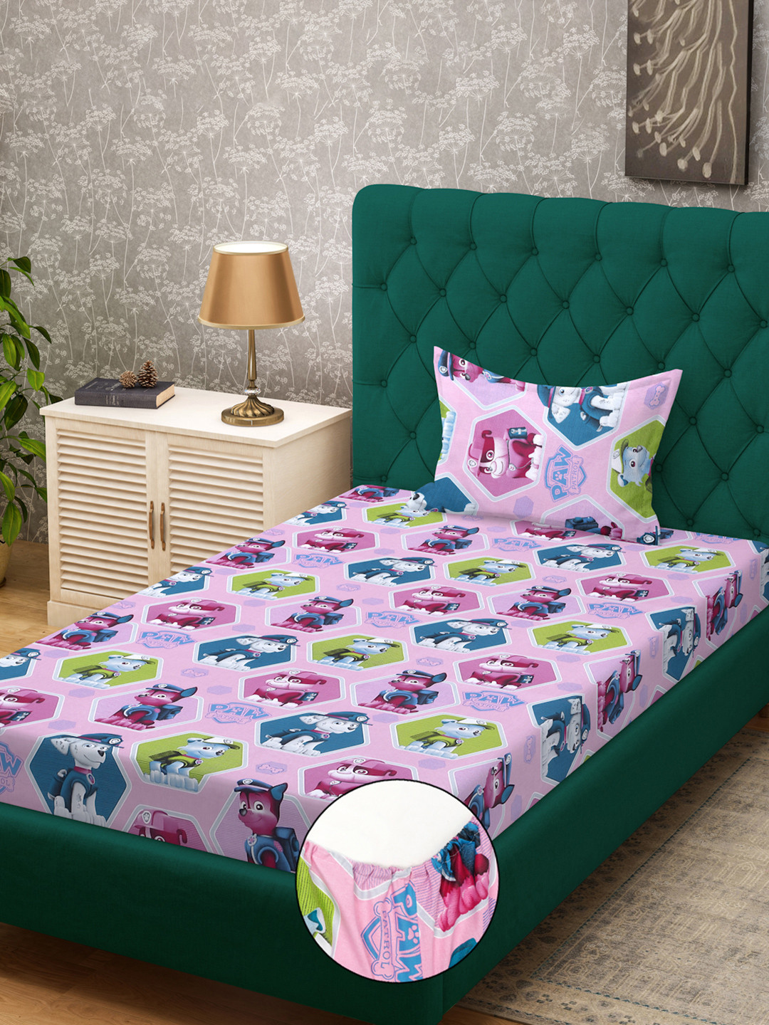 KLOTTHE Ruby Purple Cartoon Characters Cotton 400 TC Fitted Single Superfine Bedsheet with a Pillow Cover-225 x 150 cm
