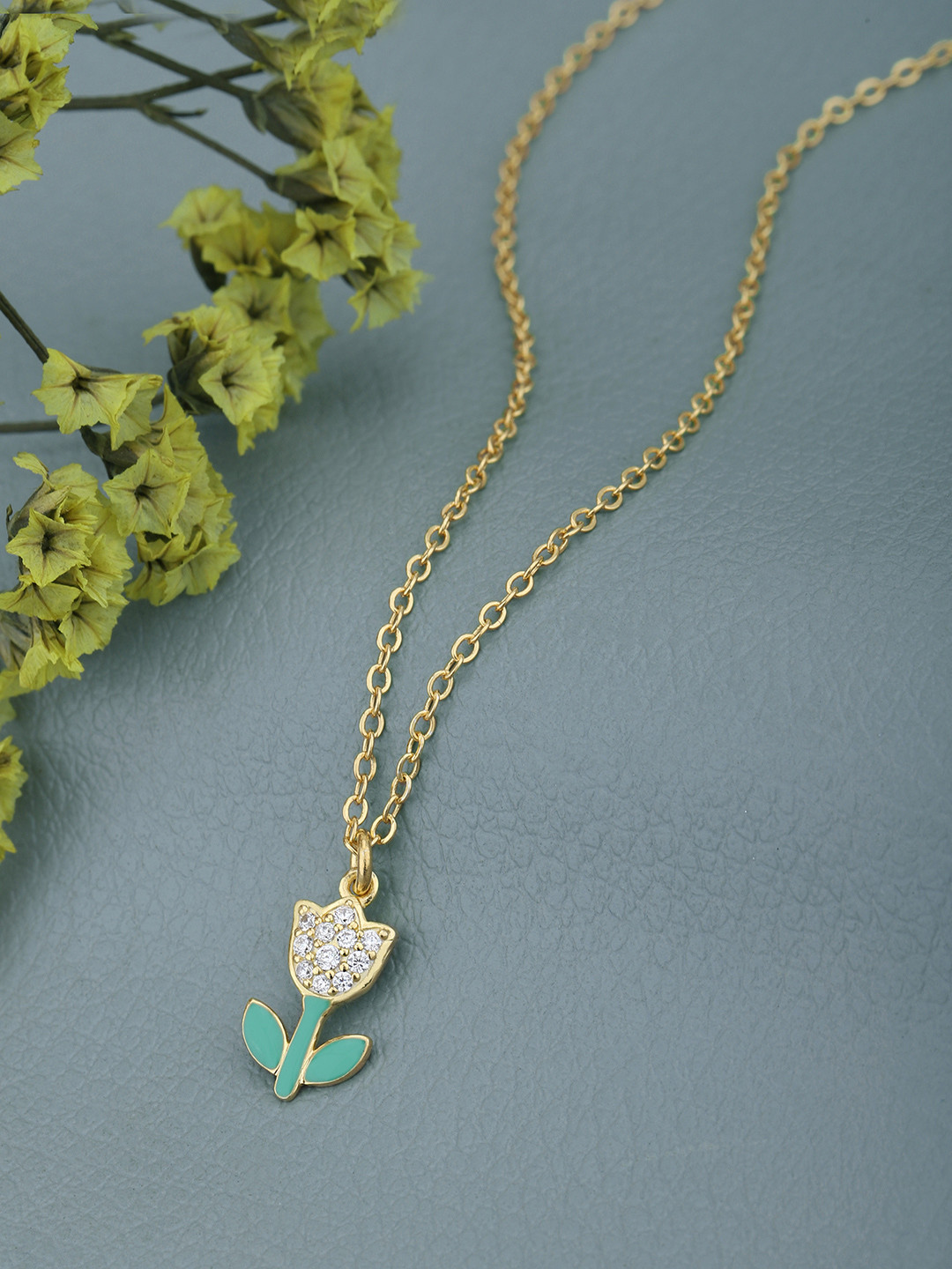 Carlton London 18kt Gold Plated CZ Enamel Tulip Pendant and Chain