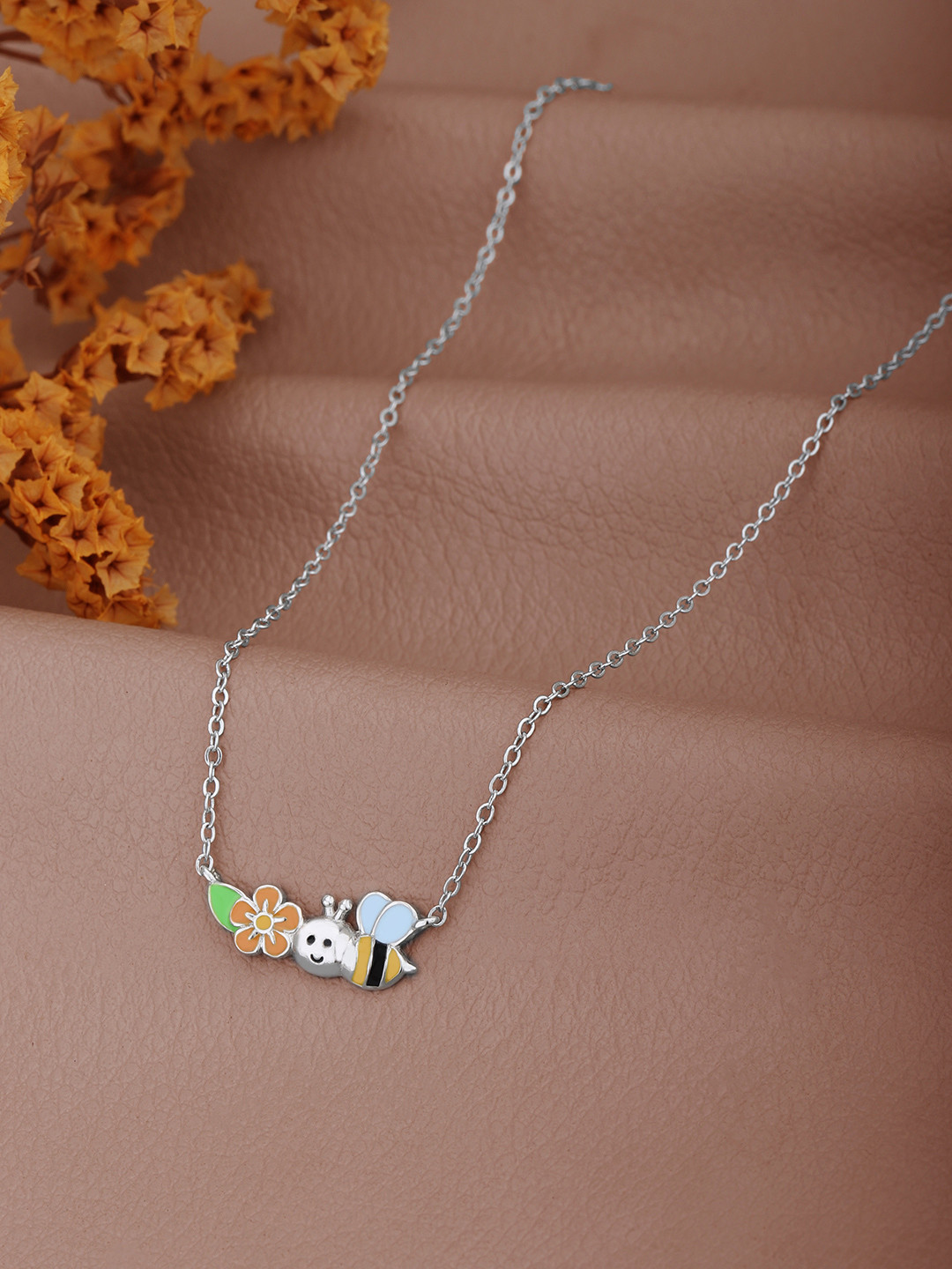 Carlton London Rhodium Plated Floral Bee Enamel Necklace