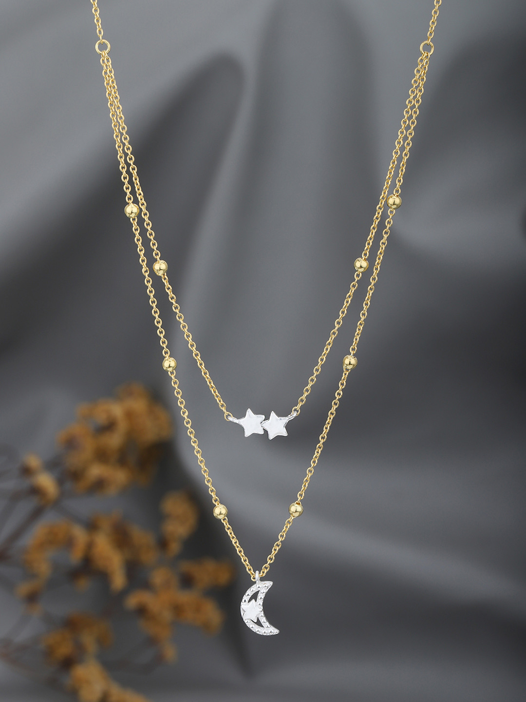 Carlton London 18kt Gold and Rhodium Plated Moon and Star Double Chain Necklace