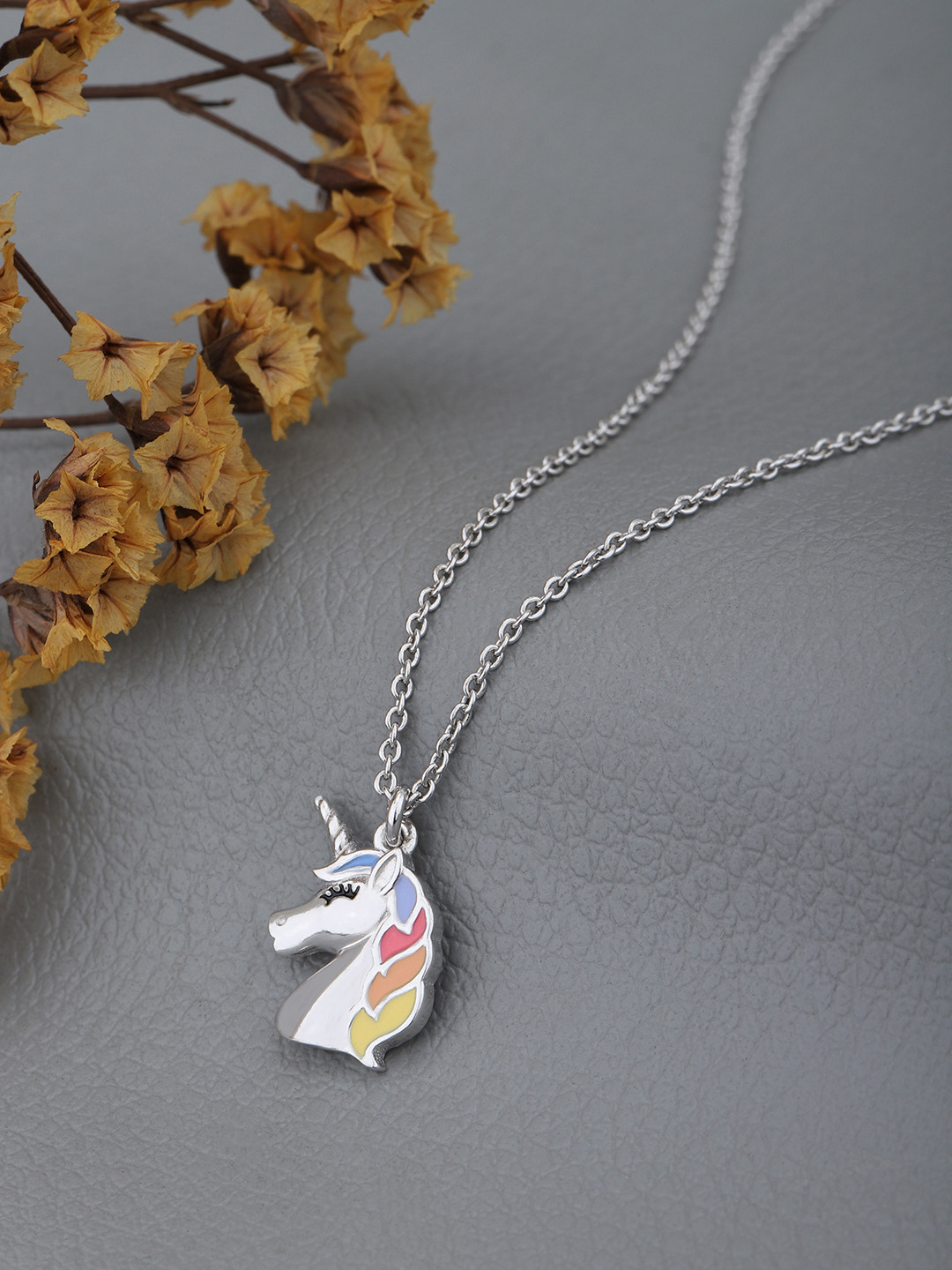 Carlton London Rhodium Plated Rainbow Enamel Unicorn Head Pendant and Chain