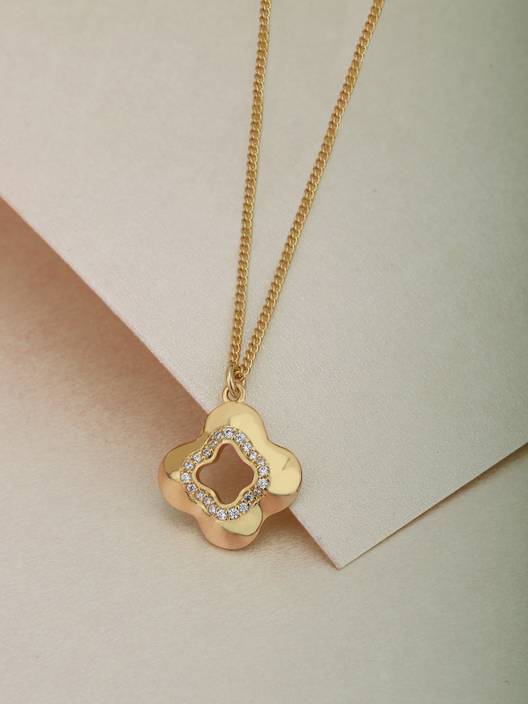 Carlton London 18kt Gold Plated CZ Four-Clover Pendant and Chain