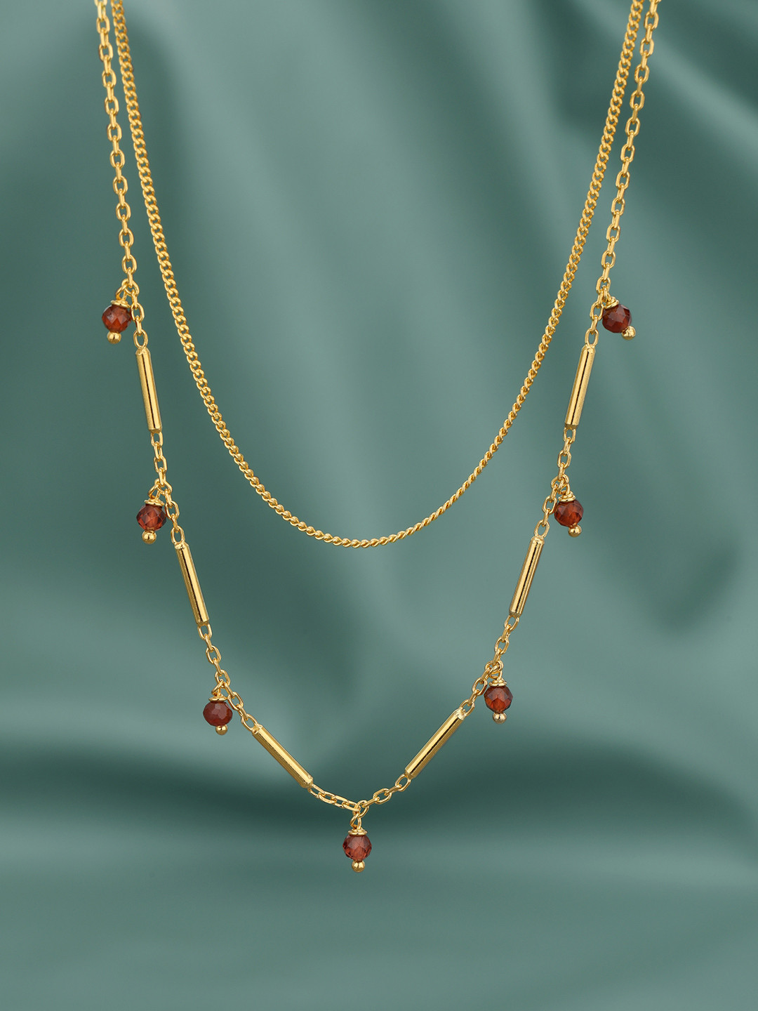 DressBerry 18kt Gold Plated Natural Garnet Stone Double Chain Necklace