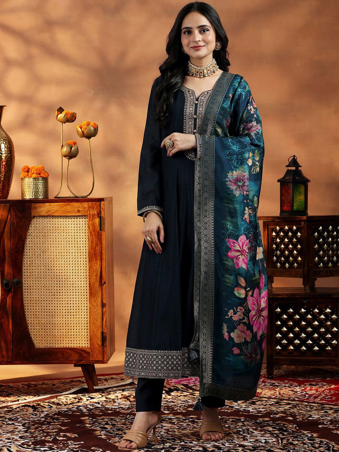 Libas Women Floral Yoke Design Panelled Kurta with Trousers & With Dup