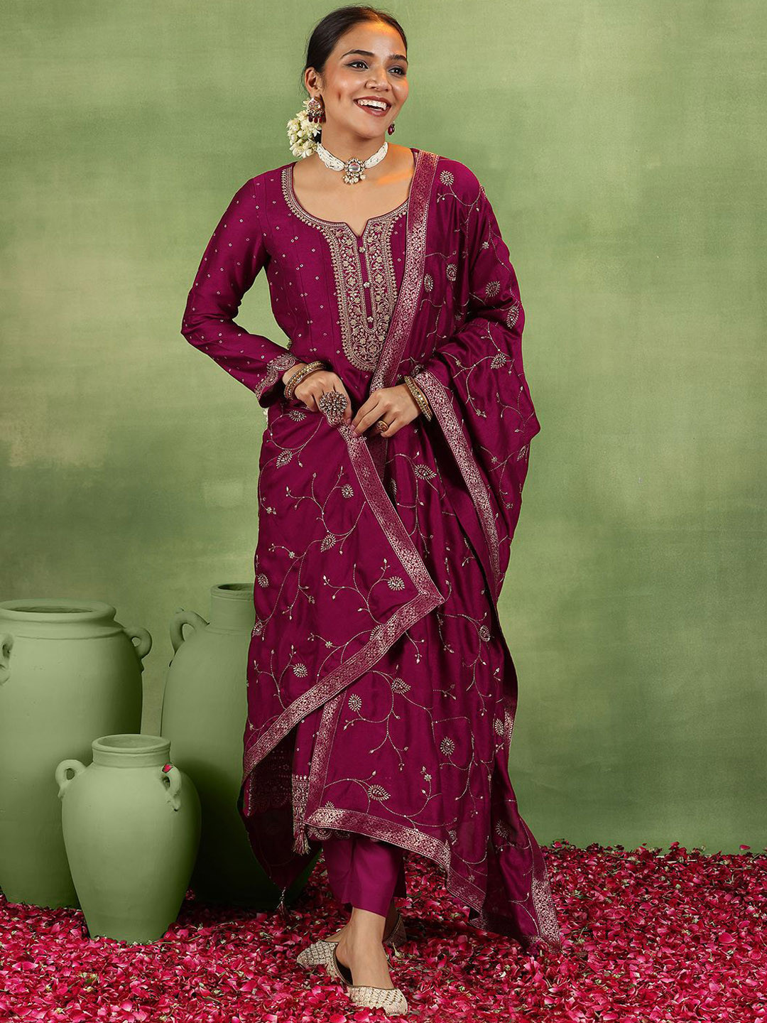 Libas Womens Maroon Embroidered Anarkali Kurta With Trousers & Dupatta