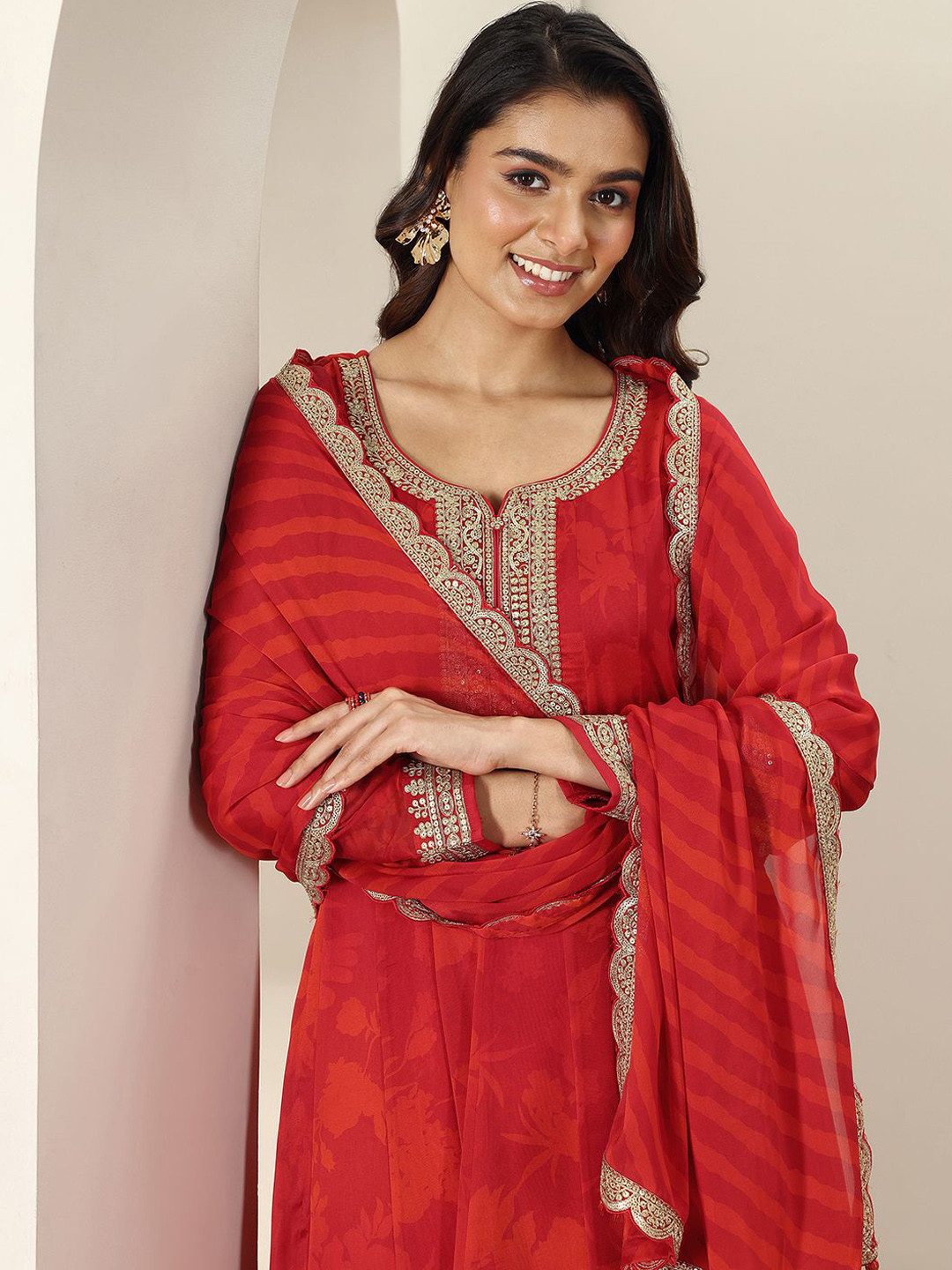 Libas Womens Red Embroidered Anarkali Kurta With Trousers & Dupatta