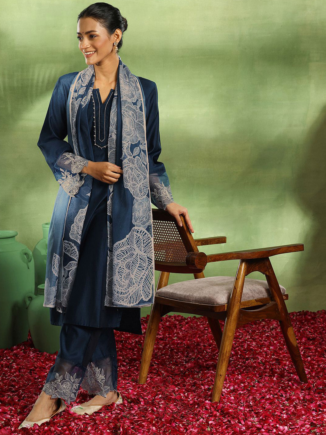 Libas Women Ethnic Motifs Yoke Design Regular Beads and Stones Kurta with Trousers & With Dupatta