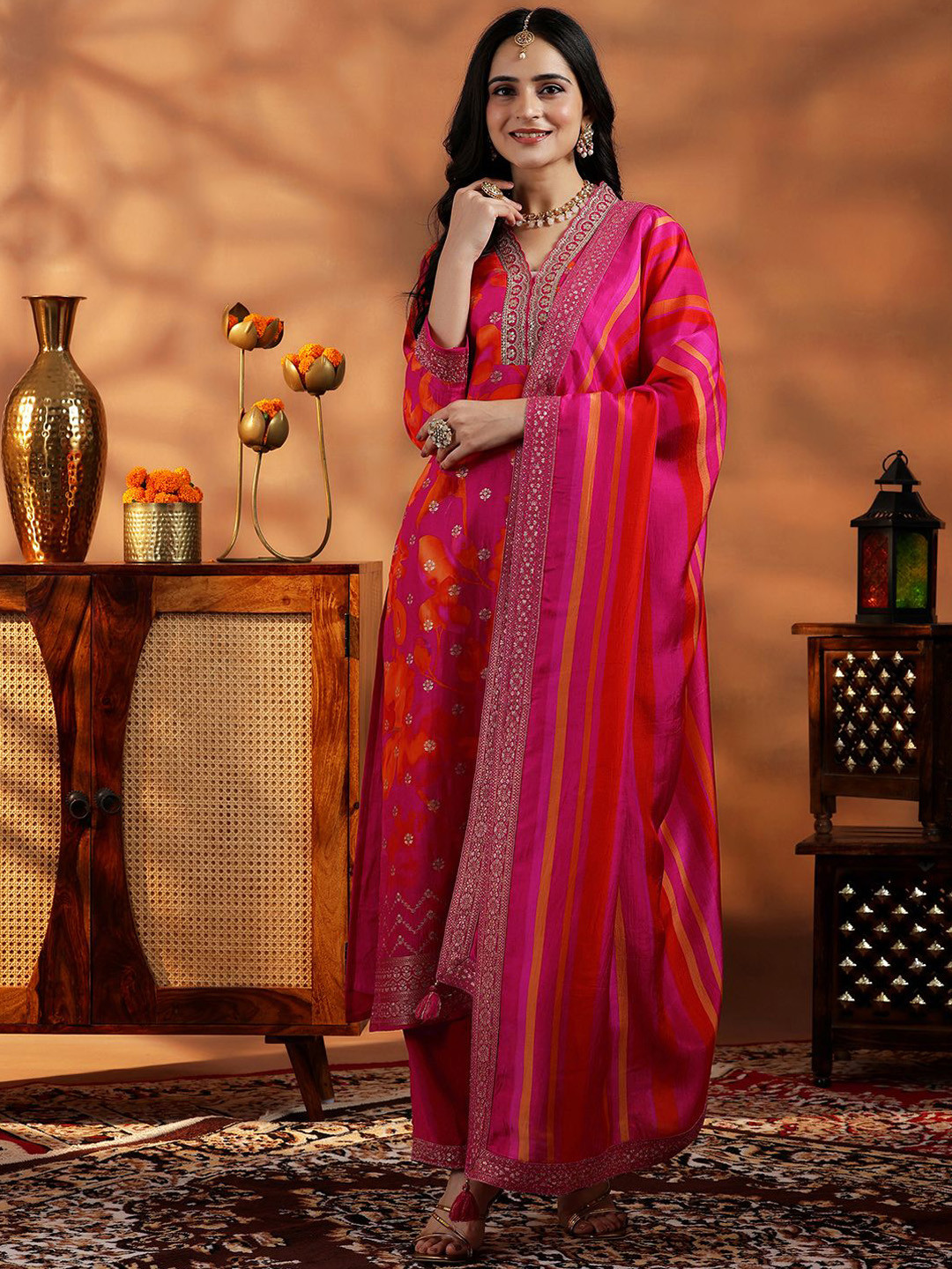 Libas Women Floral Printed Regular Kurta with Trousers & With Dupatta