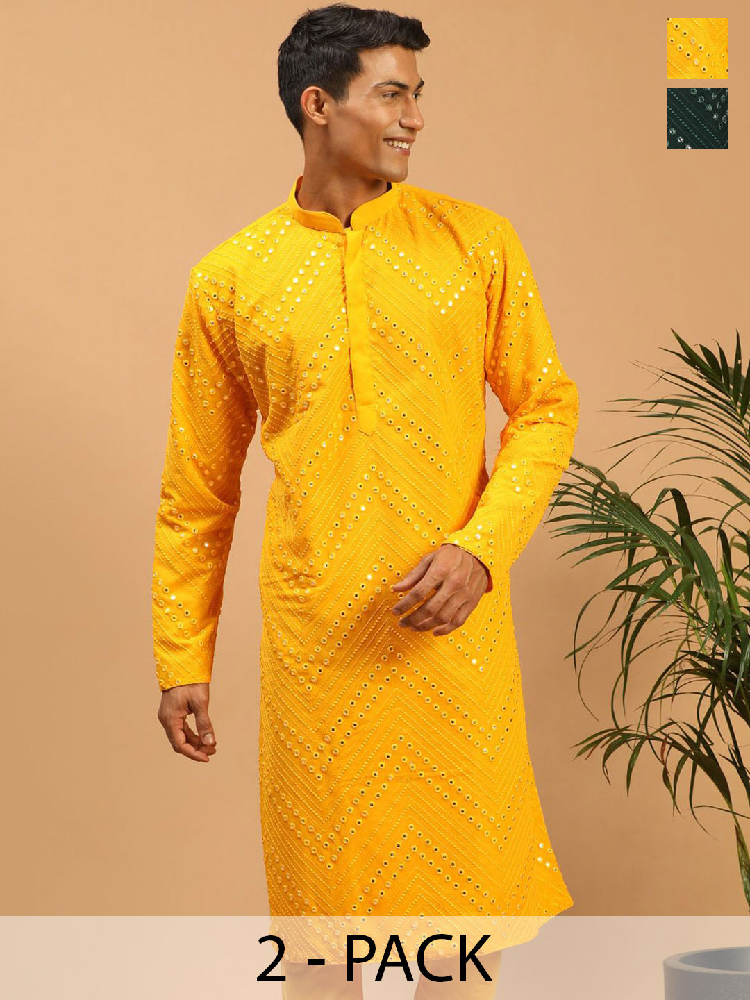 VASTRAMAY Men's Pack of 2 Georgette Mirror Work Kurta