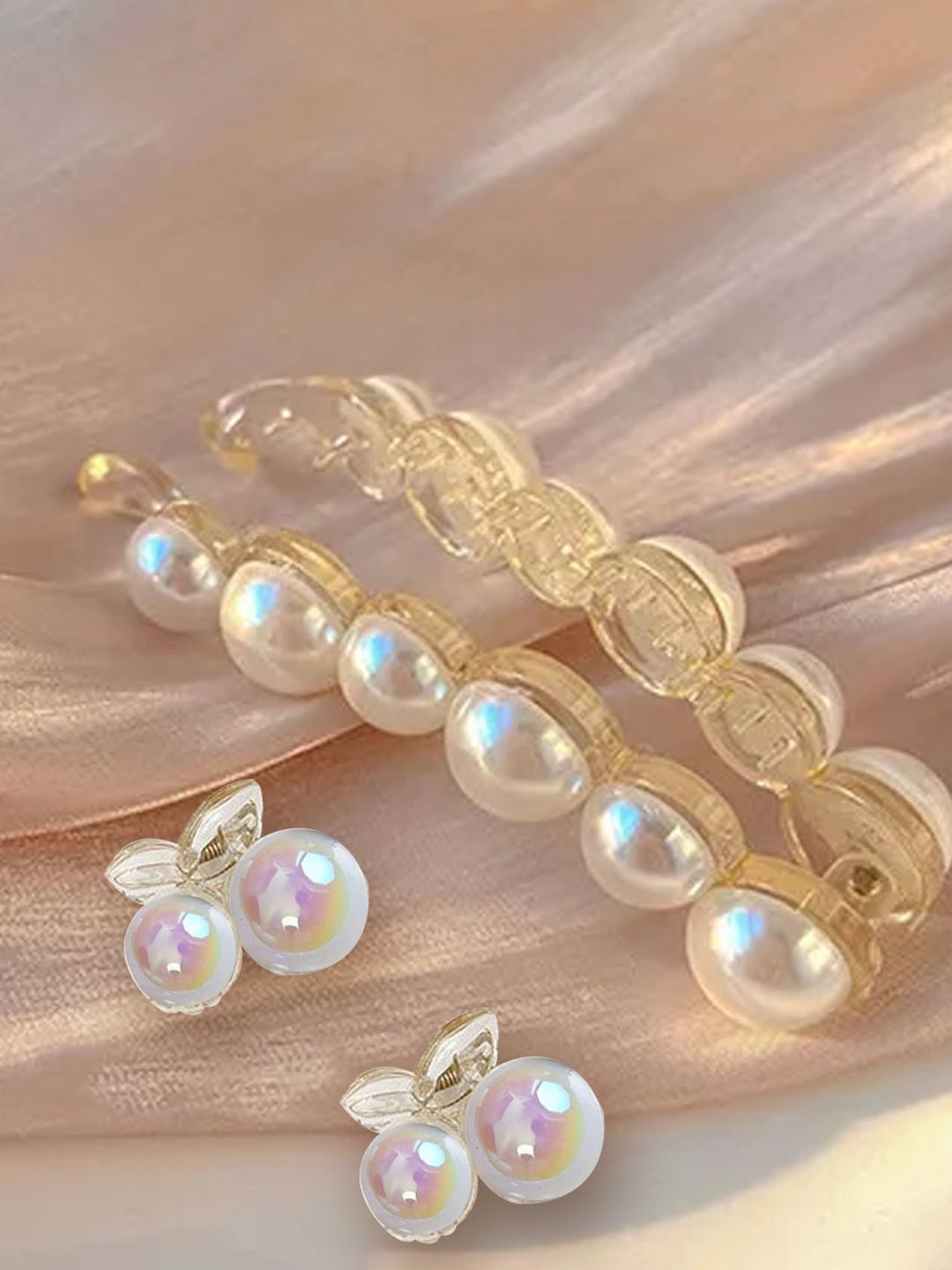 LYKAA Set of 3 White Pearl Korean Banana Clip with Two Pearl Clutchers Combo
