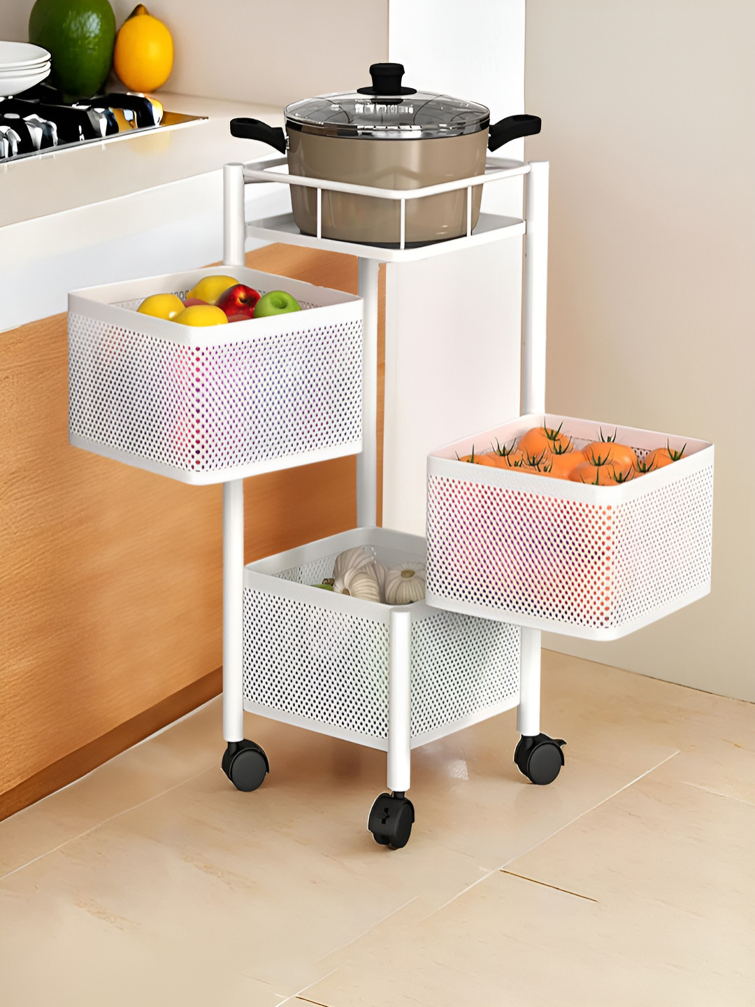 Aura White 3-Tier Square Multipurpose Storage Rack Kitchen Trolley with Wheels