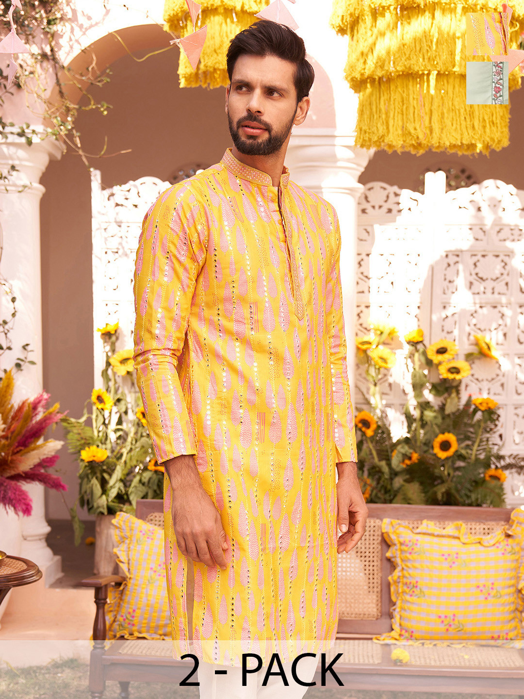 KISAH Pack of 2 Ethnic Motifs Printed Mirror Work Kurtas