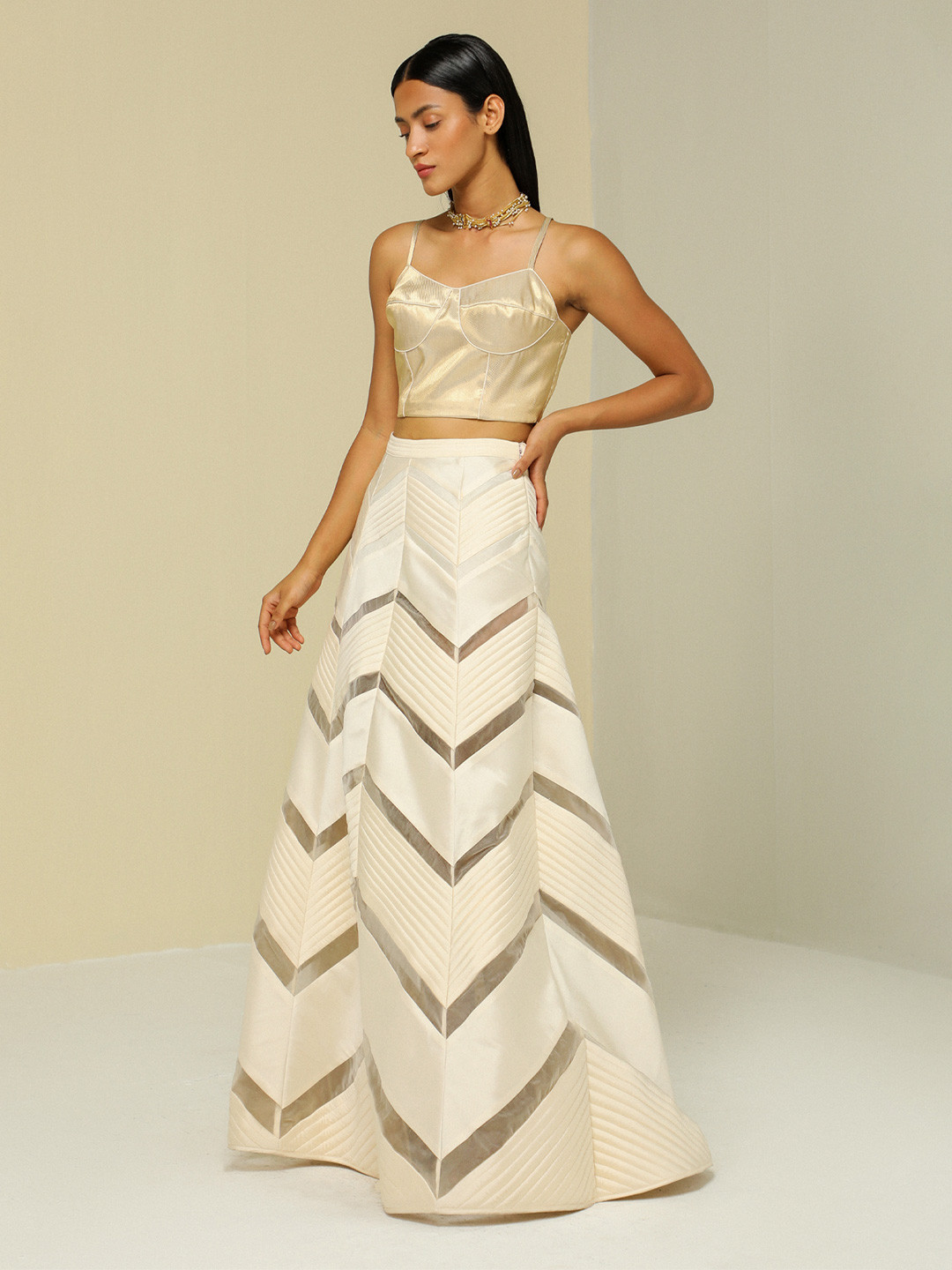 ZAITRA Striped Silk A-Line Reversible Maxi Skirt