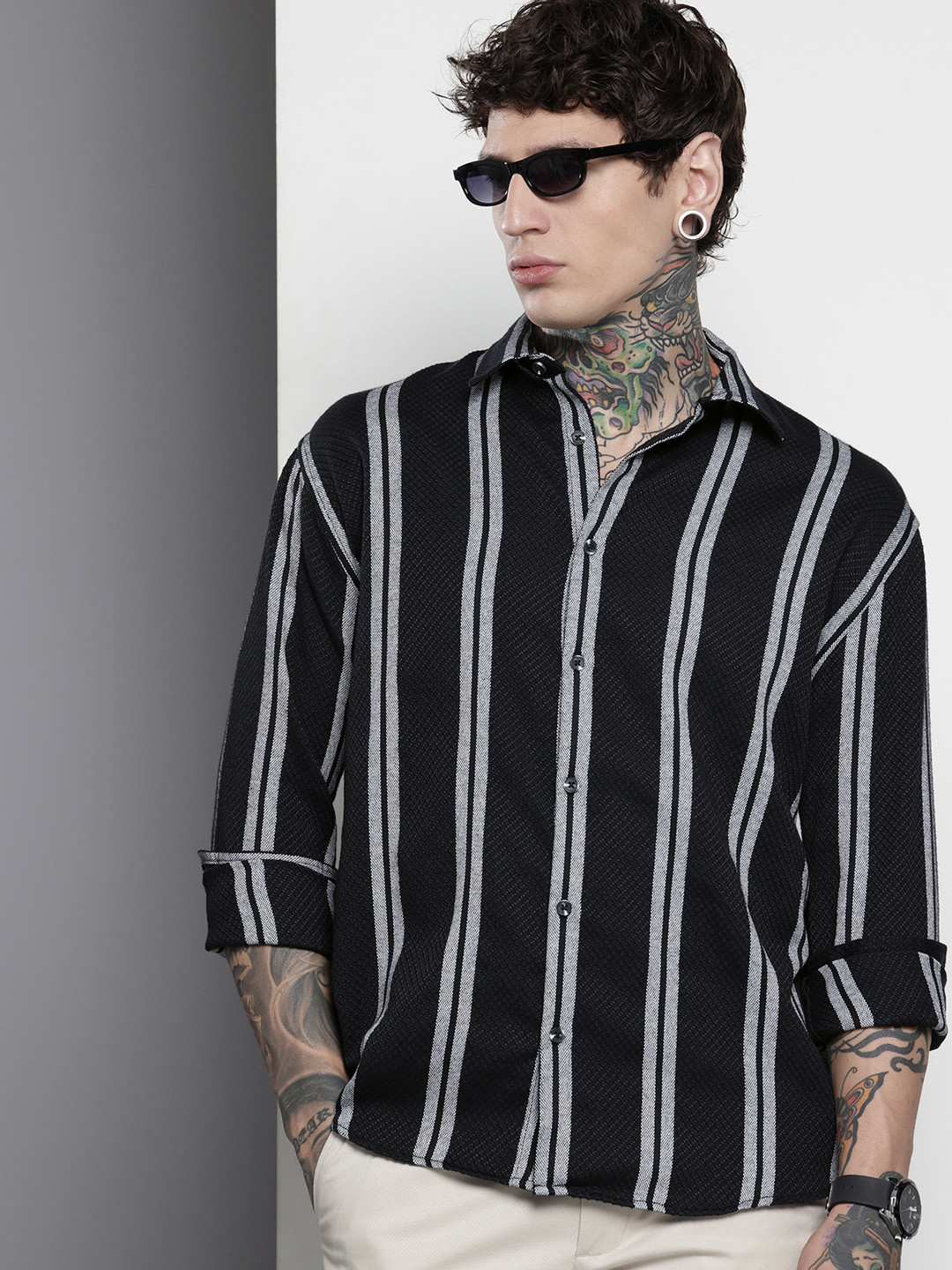 The Indian Garage Co Men Black Relaxed Fit Striped Dobby Resort Wear Shirt