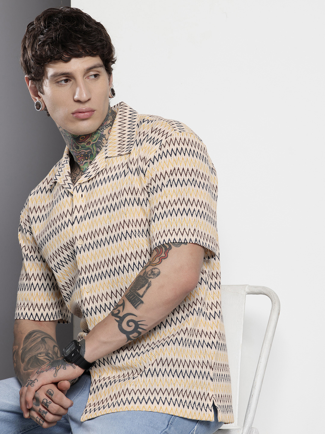 The Indian Garage Co Men Relaxed Fit Textured Lace Crochet Resort Wear Shirt